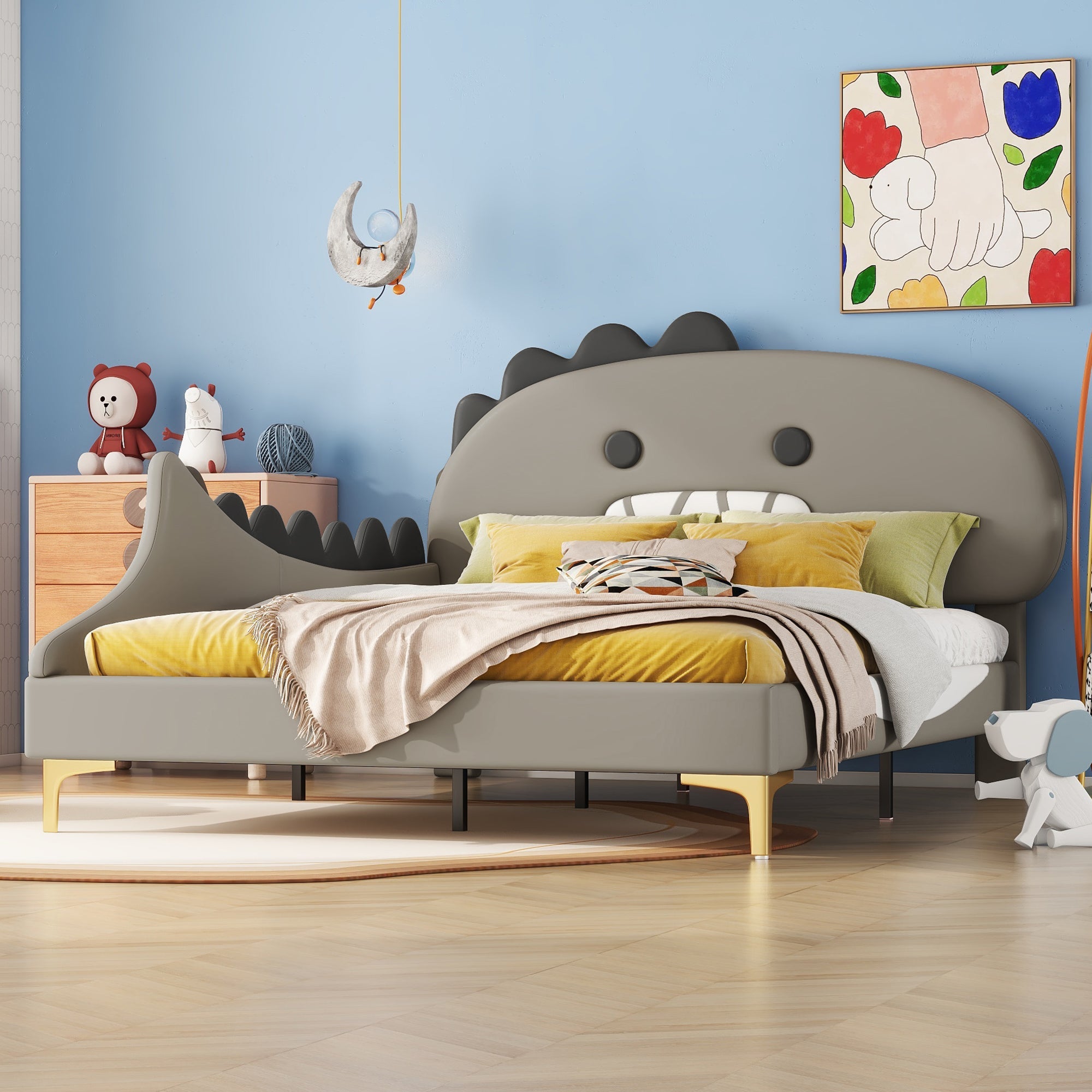 Logidon kinderbed 140x200 grijs dinosaurusvormig plat bed PU-materiaal