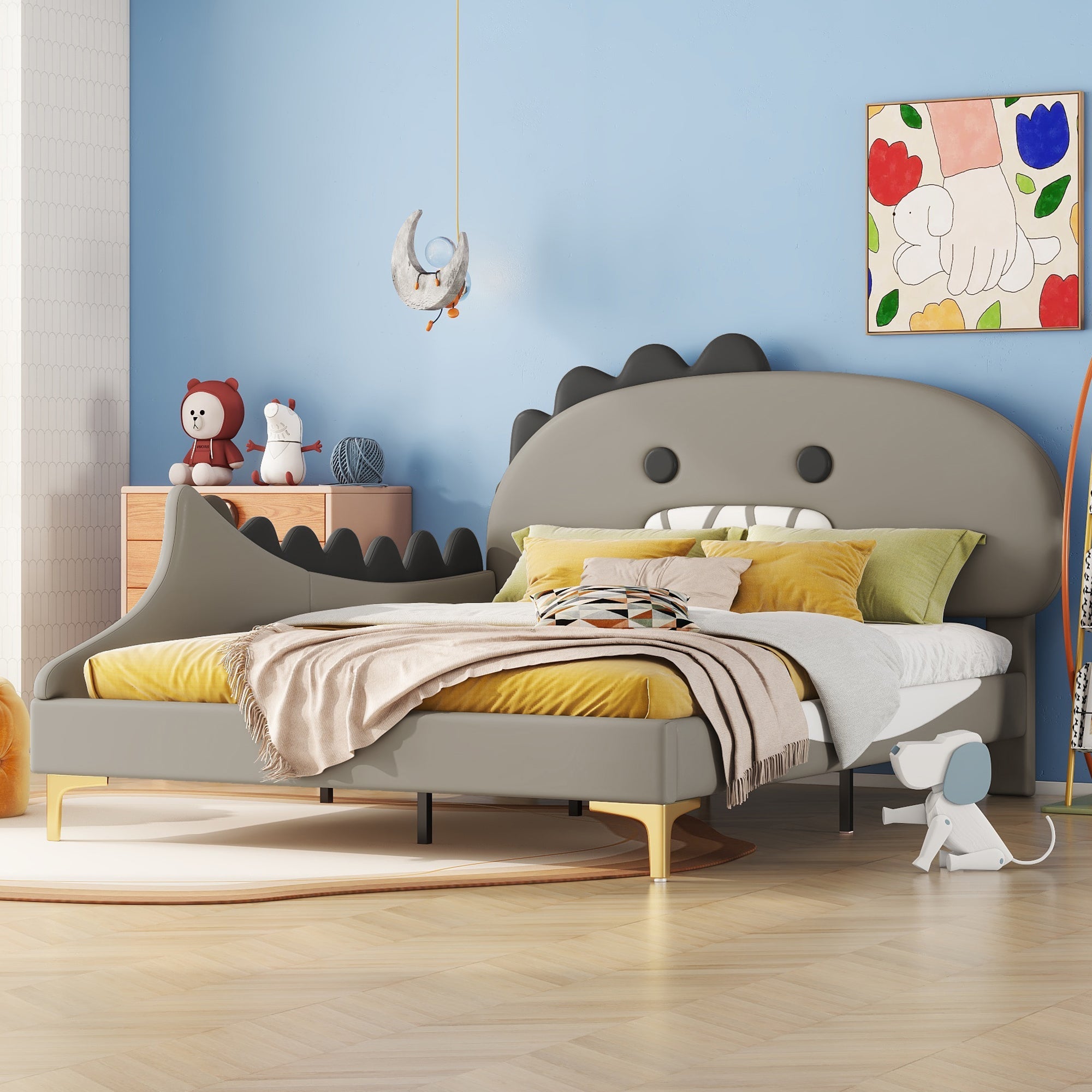 Logidon kinderbed 140x200 grijs dinosaurusvormig plat bed PU-materiaal