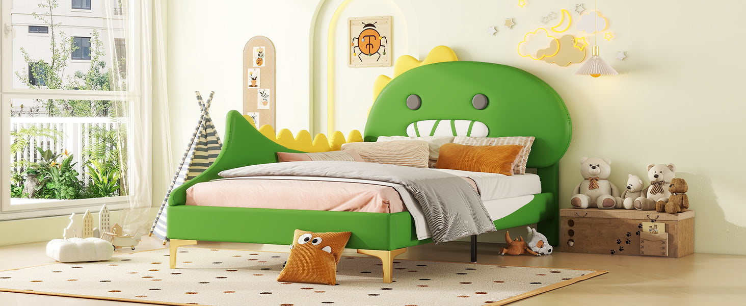 Logidon kinderbed 90x200 cm cartoon dinosaurus hoofdeinde kunstleer groen