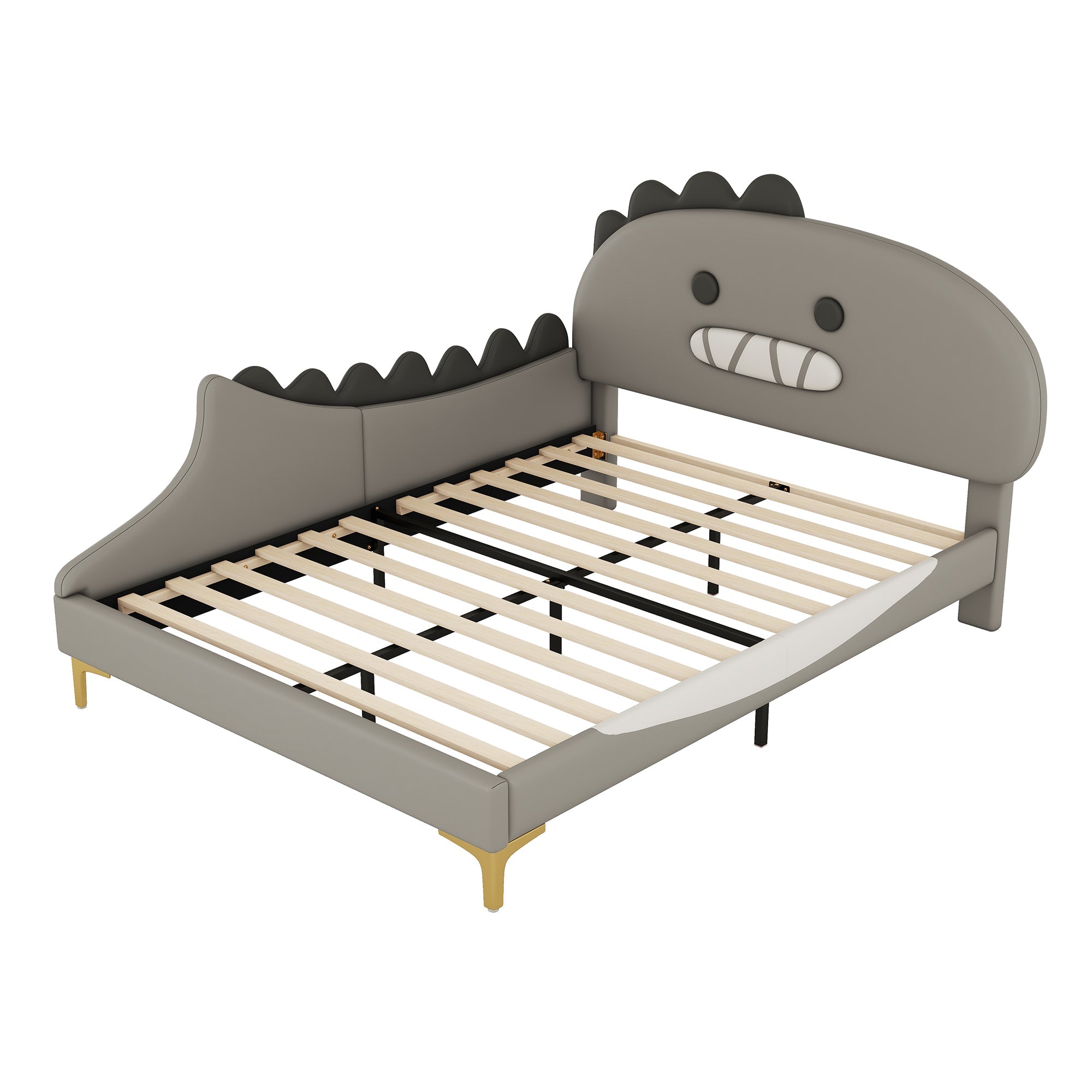 Logidon kinderbed 140x200 grijs dinosaurusvormig plat bed PU-materiaal