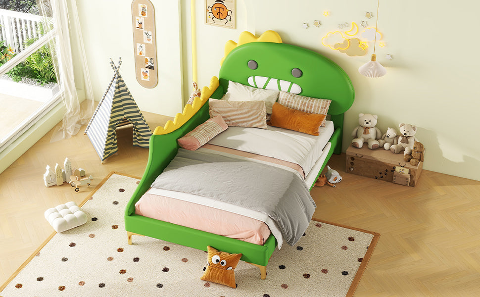 Logidon kinderbed 90x200 cm cartoon dinosaurus hoofdeinde kunstleer groen