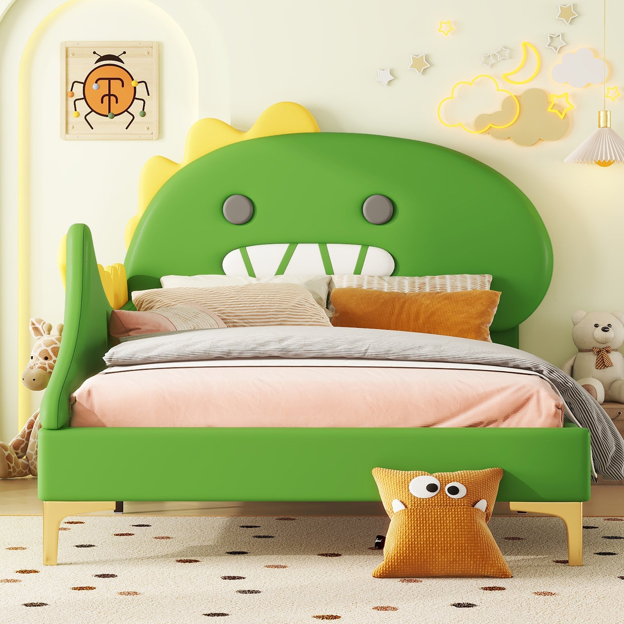 Logidon kinderbed 90x200 cm cartoon dinosaurus hoofdeinde kunstleer groen