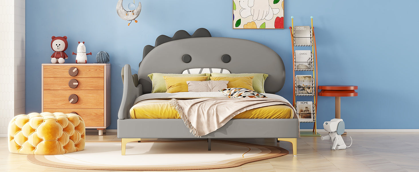 Logidon kinderbed 140x200 grijs dinosaurusvormig plat bed PU-materiaal