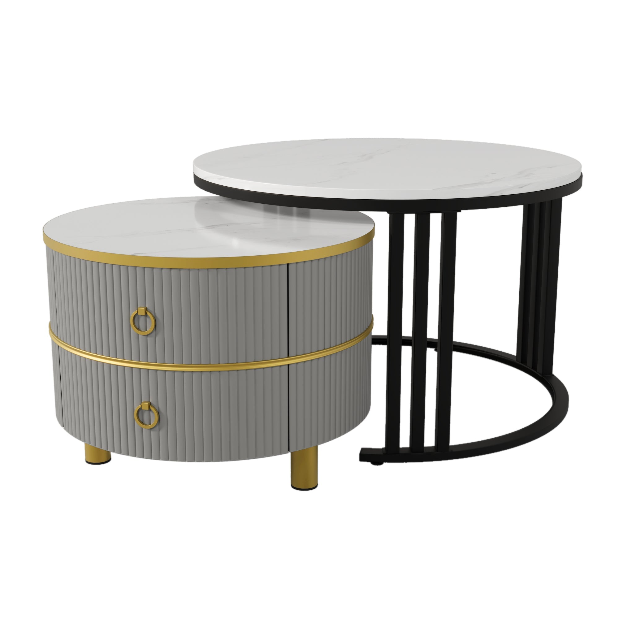 Logidon 2-in-1 ronde MDF salontafelset grijs glanzend blad 70x70 + 50x50 cm