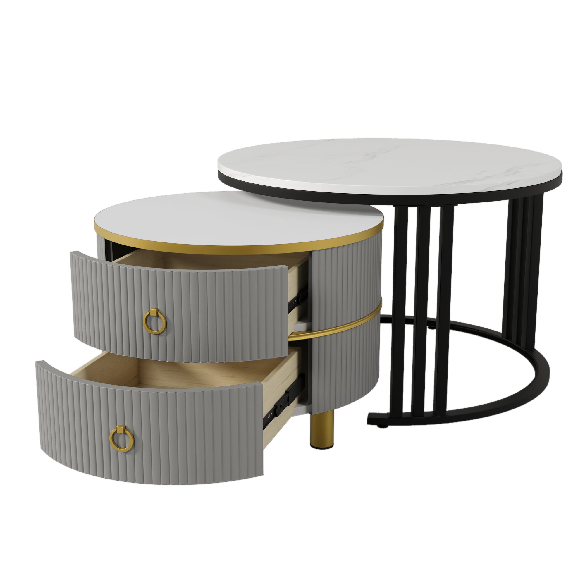 Logidon 2-in-1 ronde MDF salontafelset grijs glanzend blad 70x70 + 50x50 cm