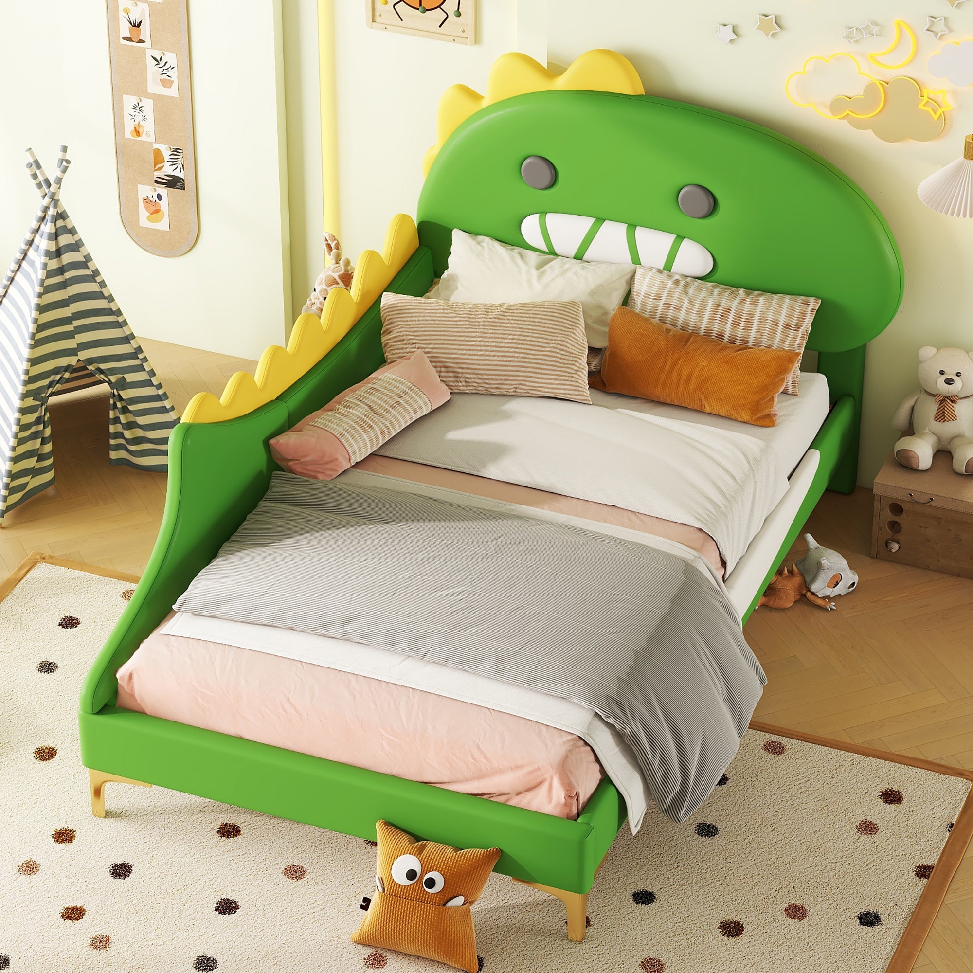 Logidon kinderbed 90x200 cm cartoon dinosaurus hoofdeinde kunstleer groen