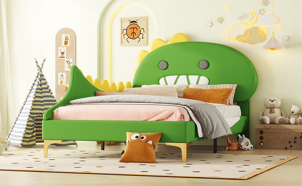 Logidon kinderbed 90x200 cm cartoon dinosaurus hoofdeinde kunstleer groen