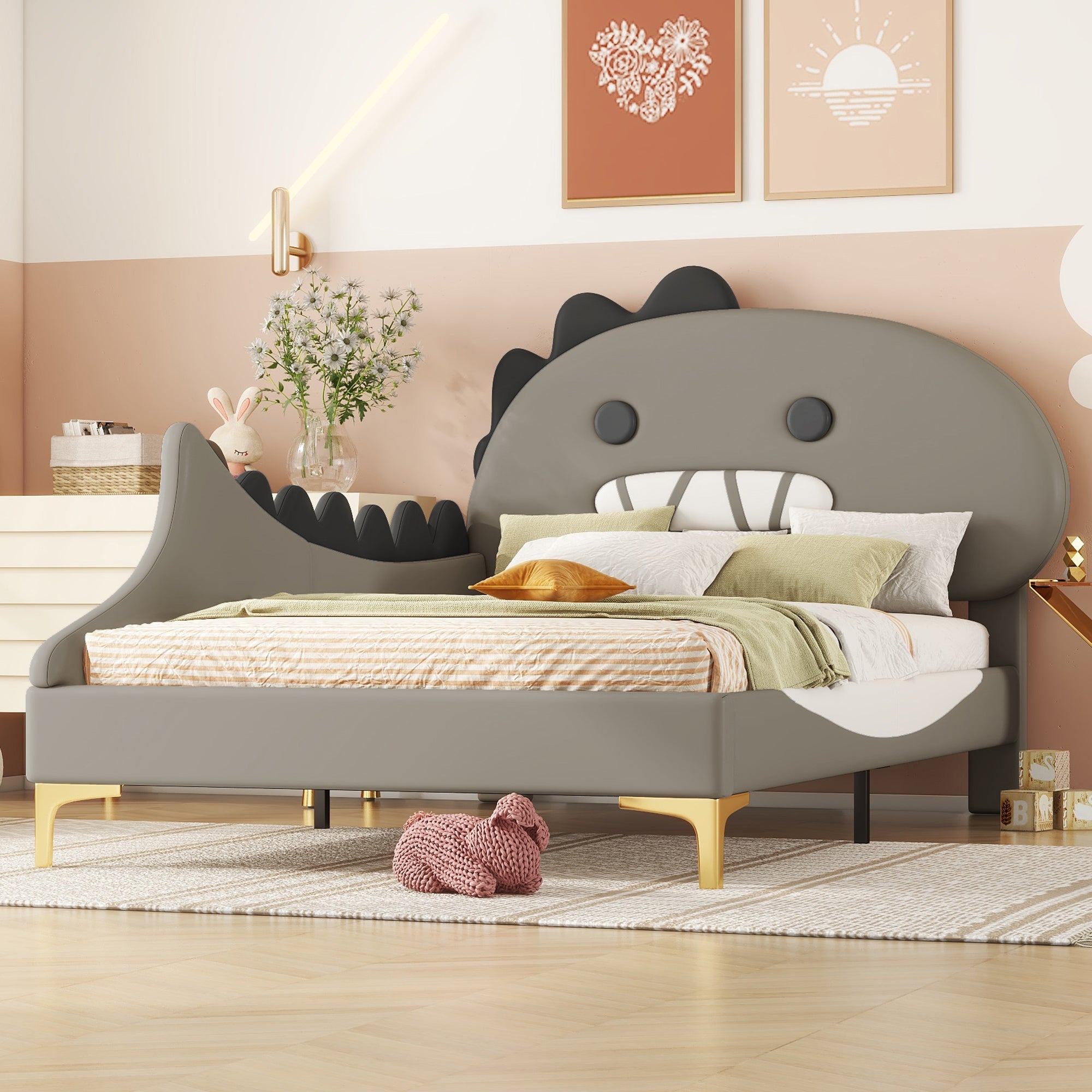 Logidon 90x200 cm kinderbed dinosaurus hoofdbord grijs plat bed