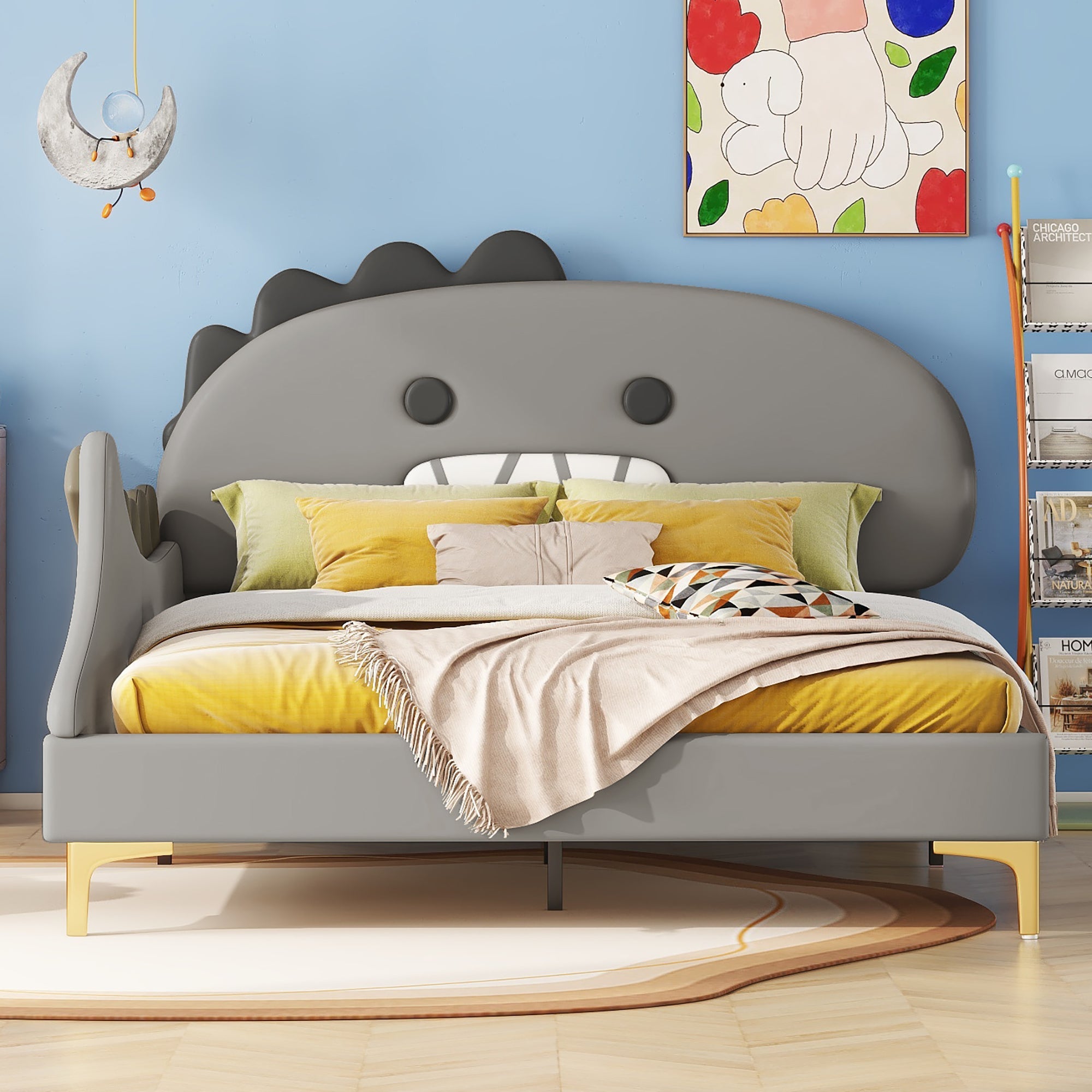 Logidon kinderbed 140x200 grijs dinosaurusvormig plat bed PU-materiaal