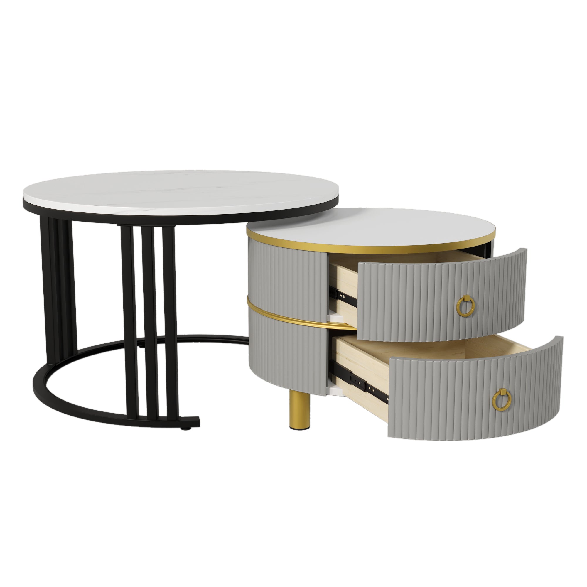Logidon 2-in-1 ronde MDF salontafelset grijs glanzend blad 70x70 + 50x50 cm