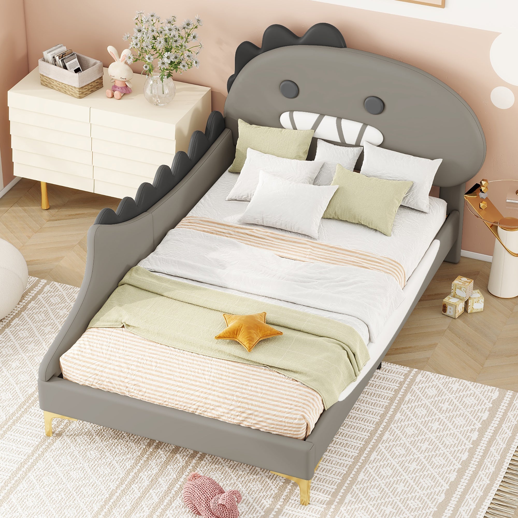 Logidon 90x200 cm kinderbed dinosaurus hoofdbord grijs plat bed