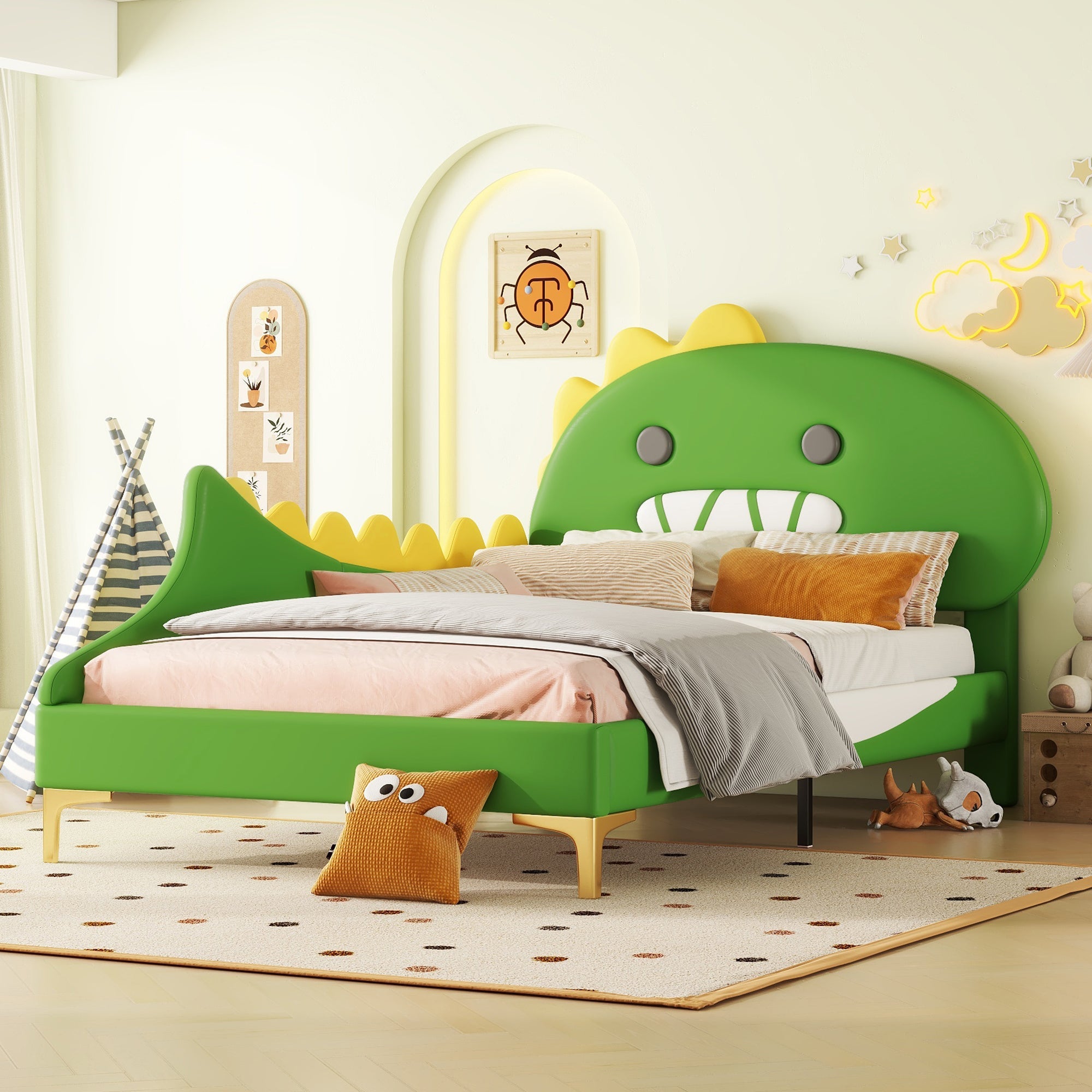 Logidon kinderbed 90x200 cm cartoon dinosaurus hoofdeinde kunstleer groen