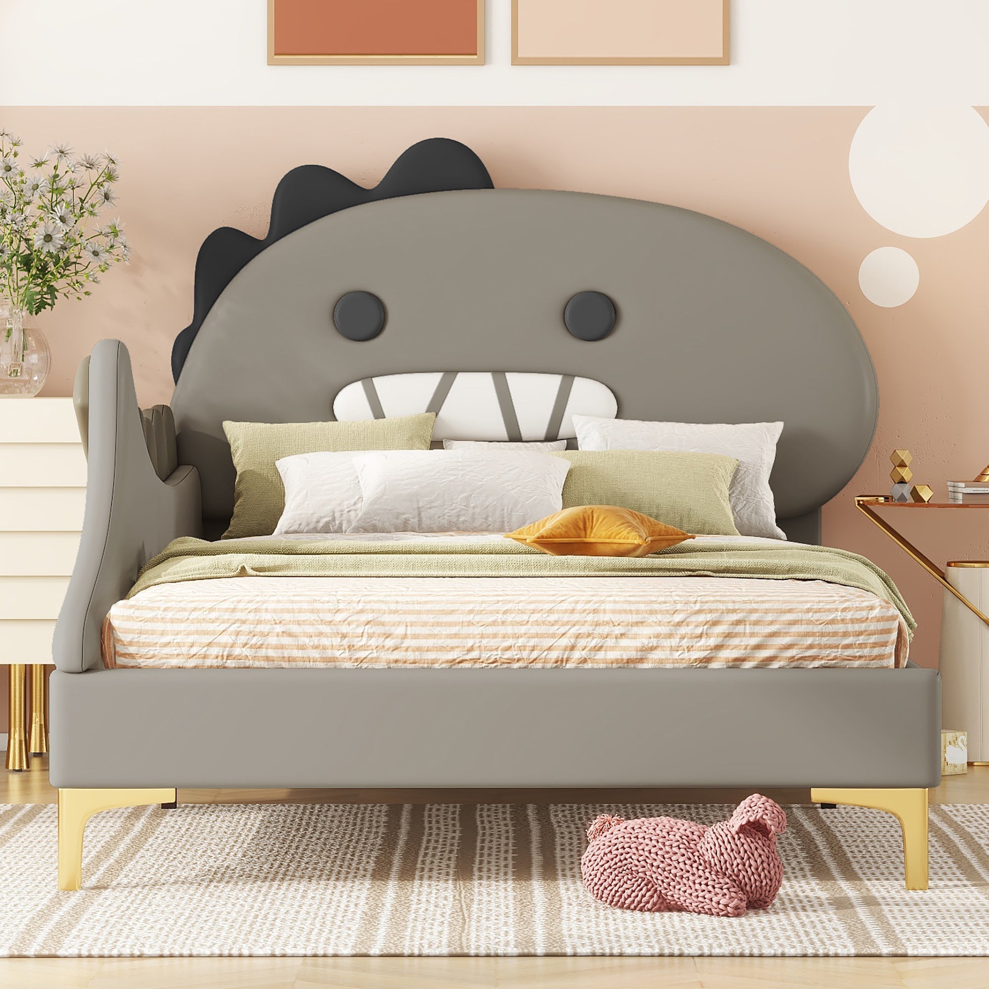 Logidon 90x200 cm kinderbed dinosaurus hoofdbord grijs plat bed