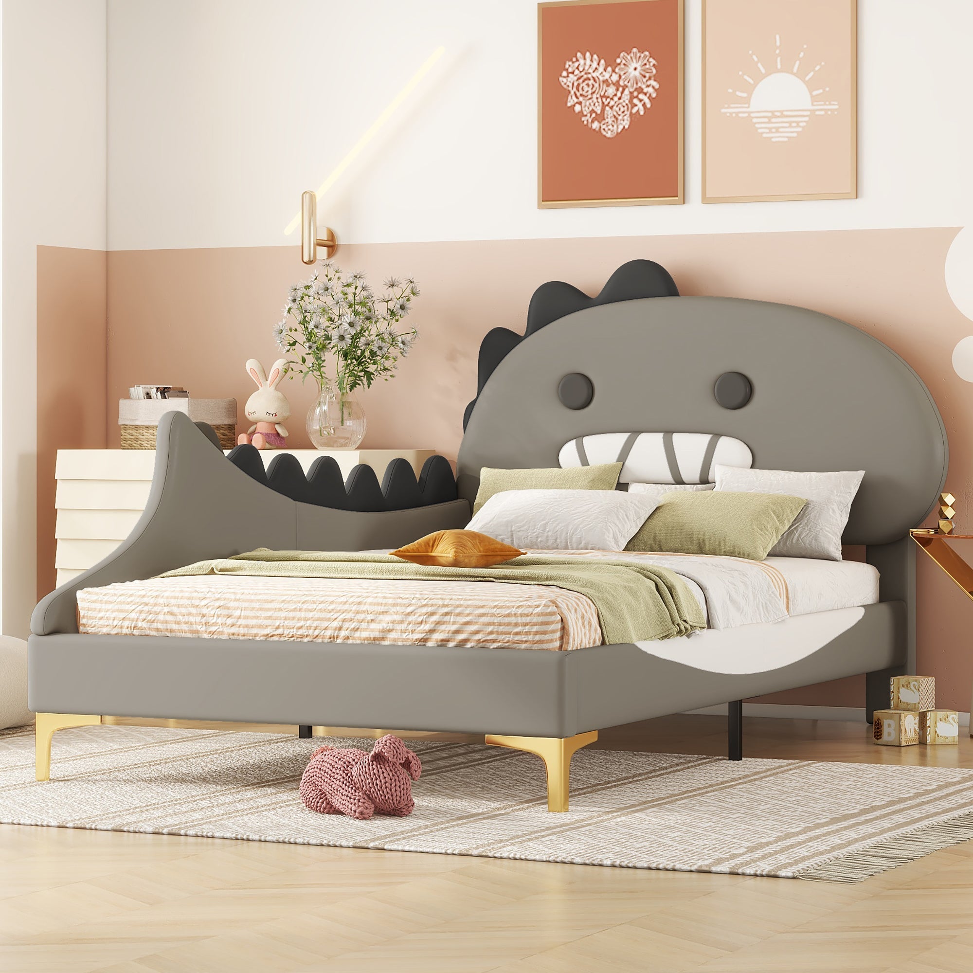 Logidon 90x200 cm kinderbed dinosaurus hoofdbord grijs plat bed