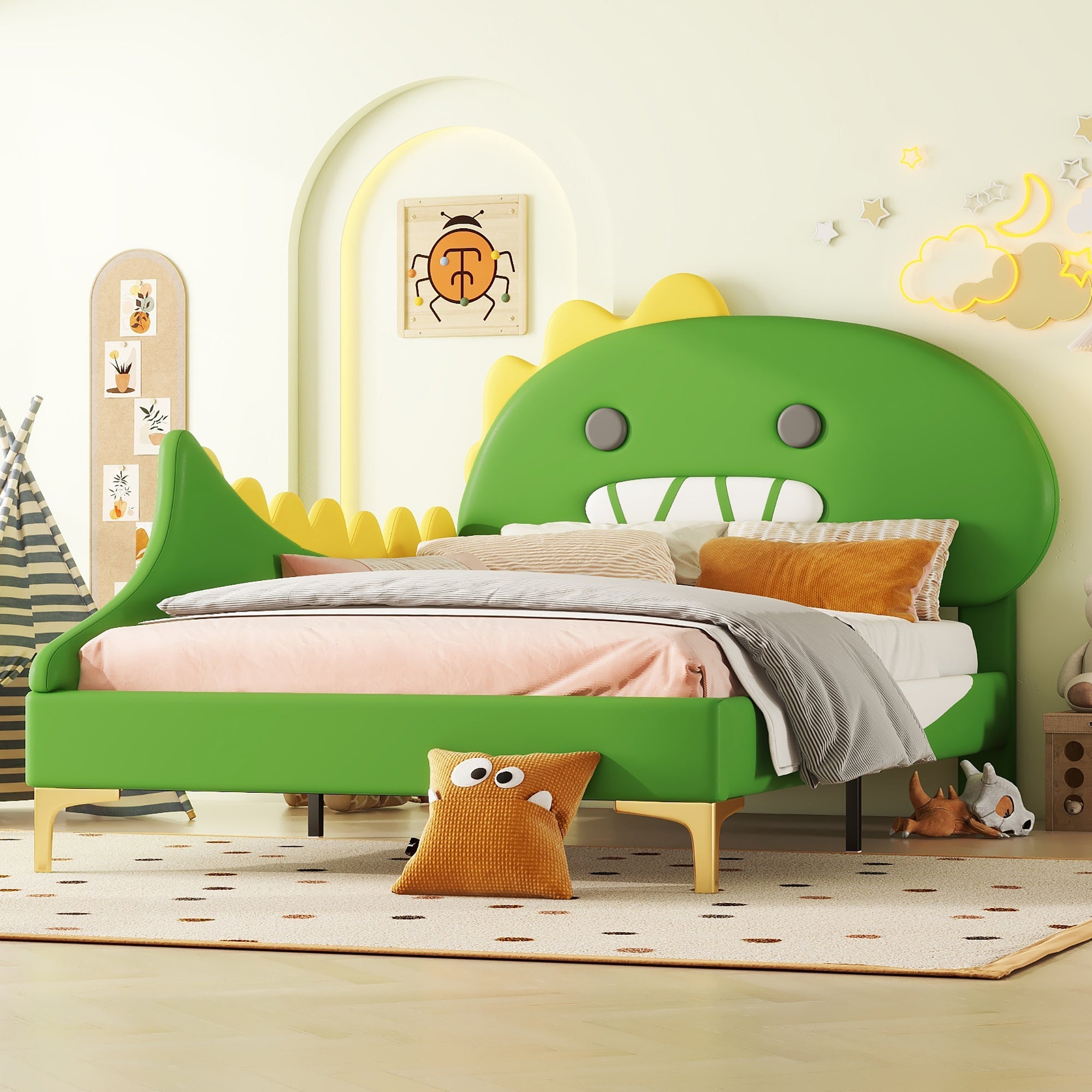Logidon kinderbed 90x200 cm cartoon dinosaurus hoofdeinde kunstleer groen