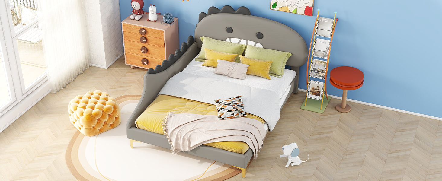 Logidon kinderbed 140x200 grijs dinosaurusvormig plat bed PU-materiaal