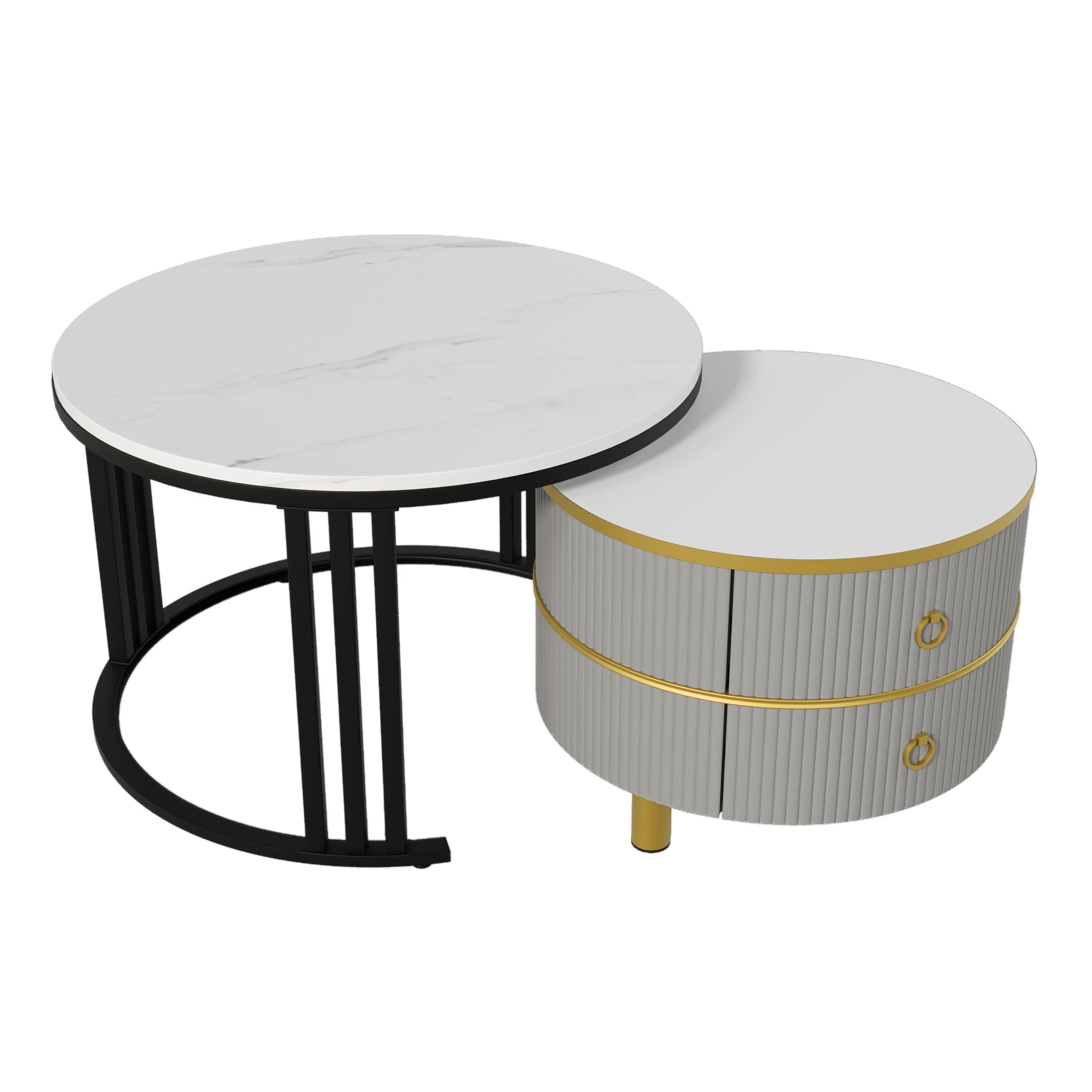 Logidon 2-in-1 ronde MDF salontafelset grijs glanzend blad 70x70 + 50x50 cm