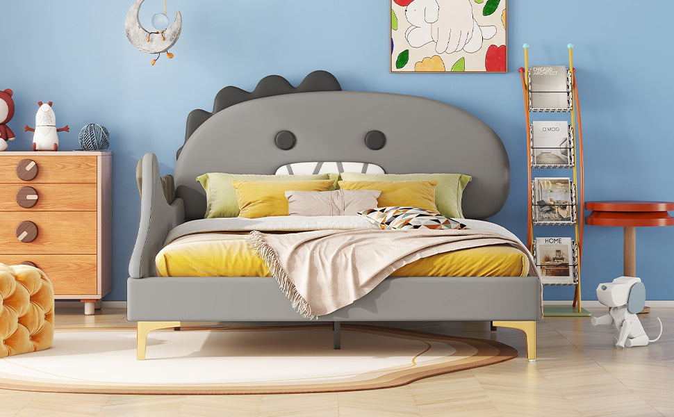 Logidon kinderbed 140x200 grijs dinosaurusvormig plat bed PU-materiaal