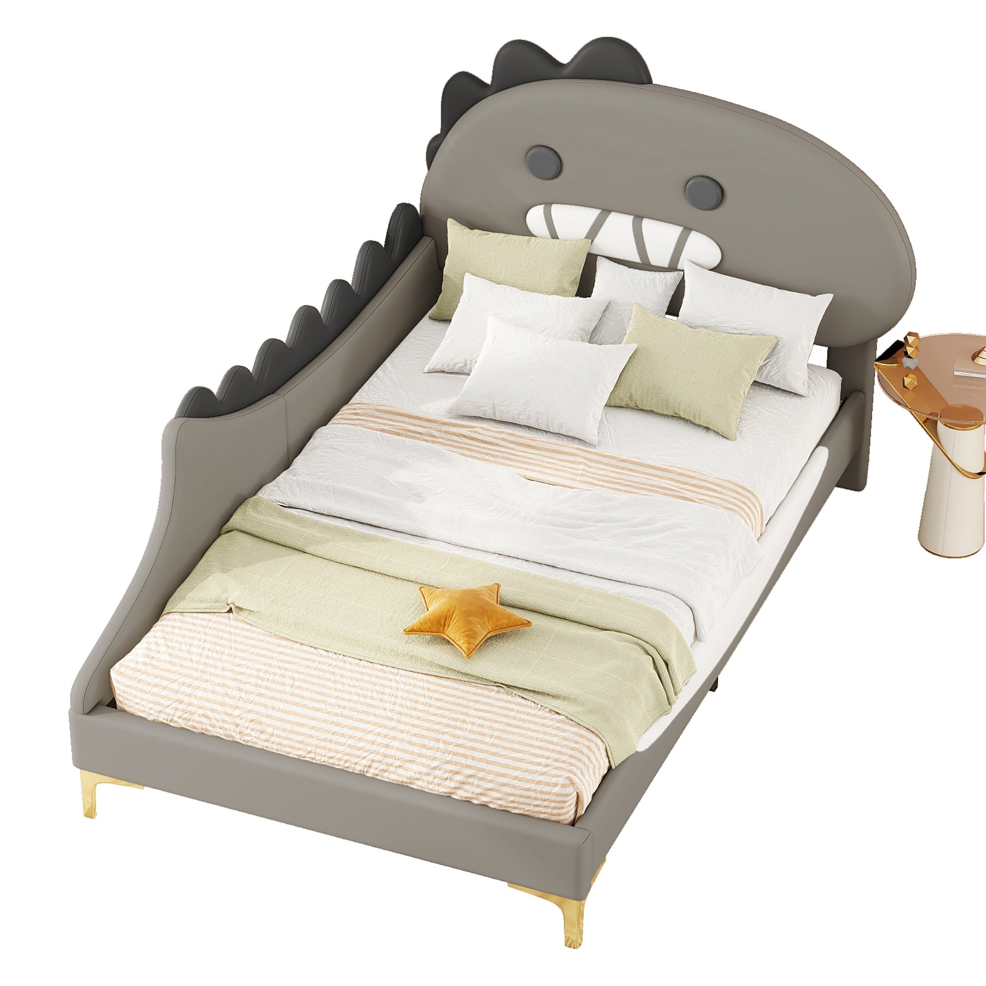 Logidon 90x200 cm kinderbed dinosaurus hoofdbord grijs plat bed