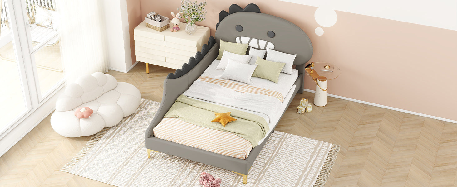Logidon 90x200 cm kinderbed dinosaurus hoofdbord grijs plat bed