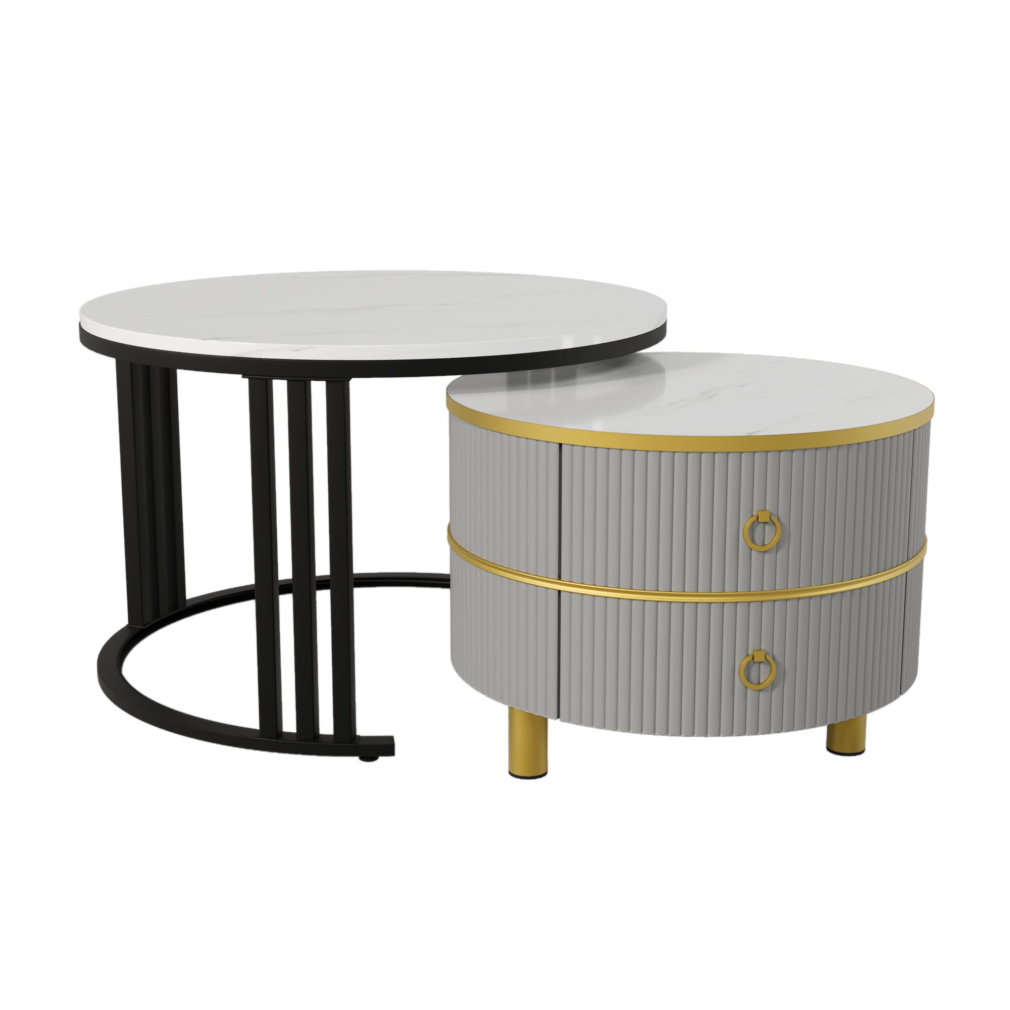 Logidon 2-in-1 ronde MDF salontafelset grijs glanzend blad 70x70 + 50x50 cm
