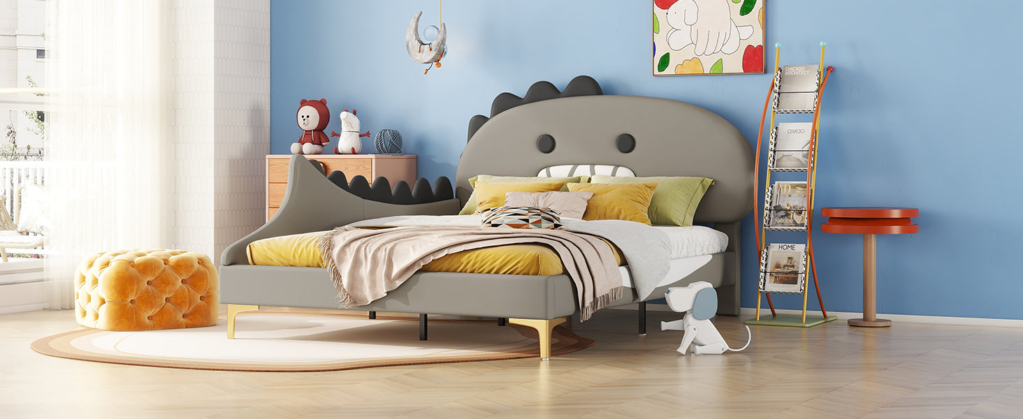 Logidon kinderbed 140x200 grijs dinosaurusvormig plat bed PU-materiaal