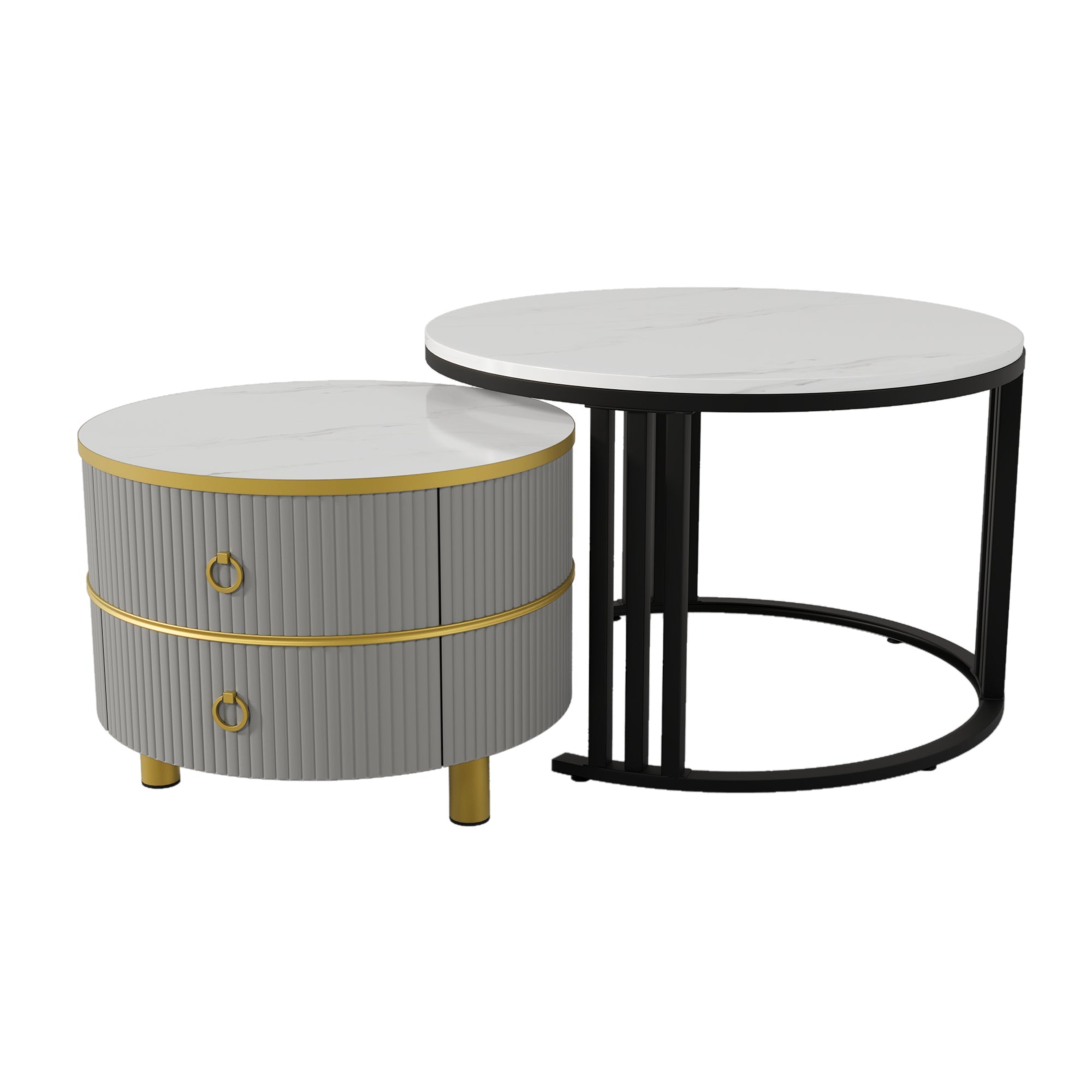 Logidon 2-in-1 ronde MDF salontafelset grijs glanzend blad 70x70 + 50x50 cm