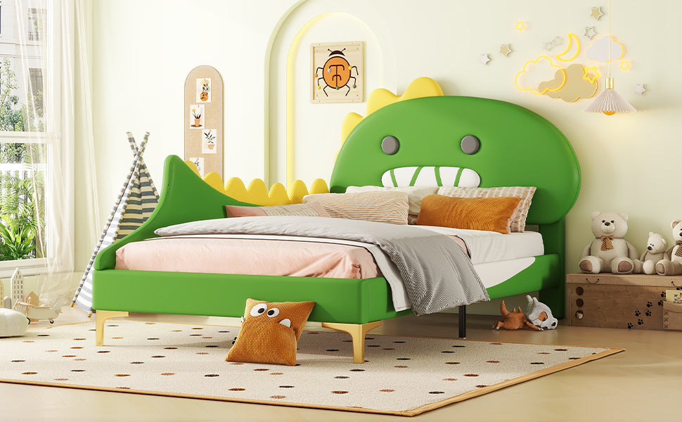 Logidon kinderbed 90x200 cm cartoon dinosaurus hoofdeinde kunstleer groen