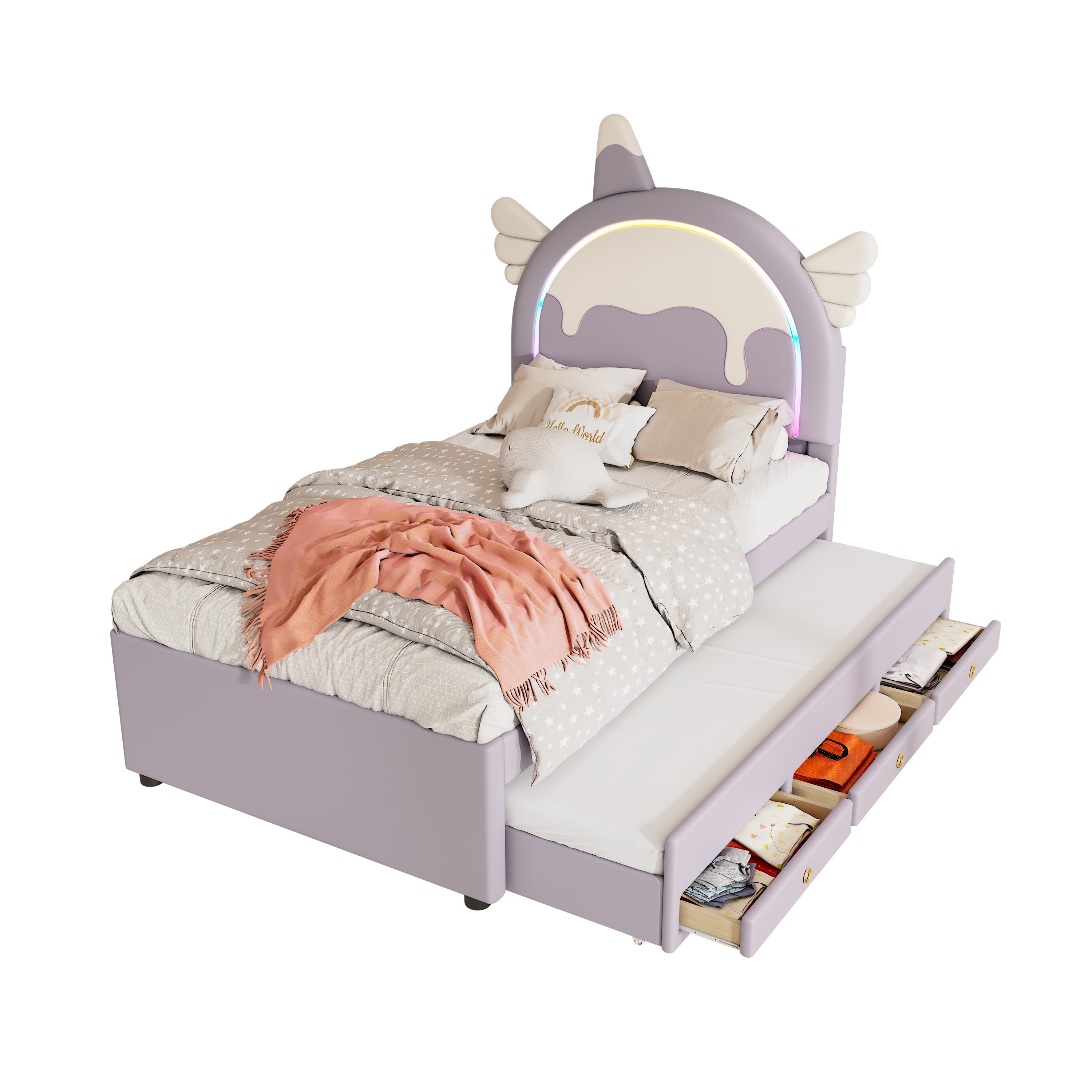 Logidon eenhoorn kinderbed 90x200 cm, uitschuifbaar onderschuifbed, paars