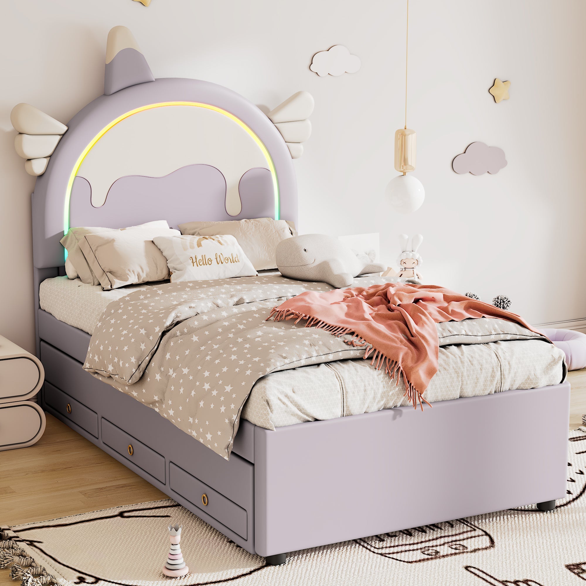 Logidon unicorn children's bed 90x200 cm, pull-out trundle bed, purple
