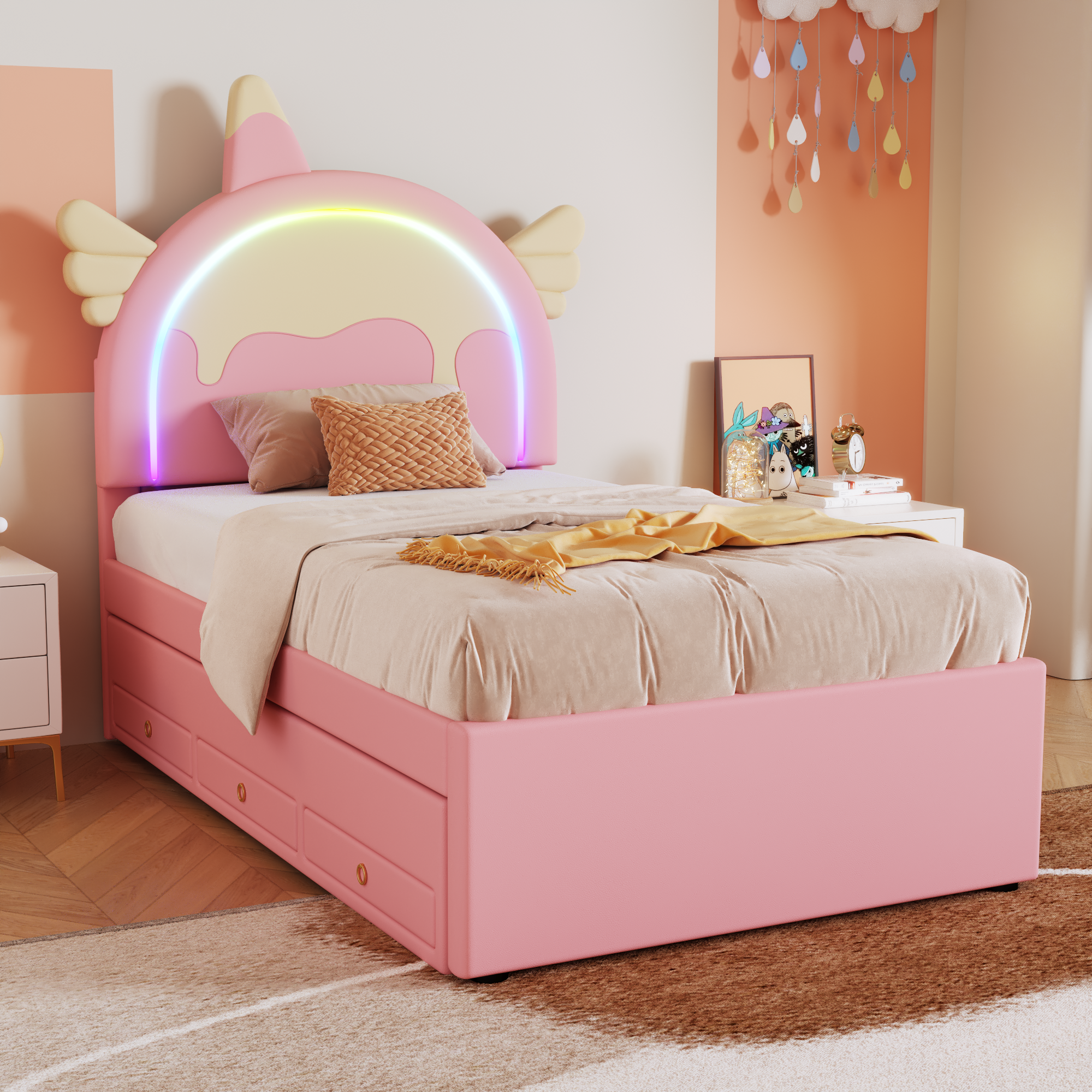Logidon Eenhoorn Kinderbed 90x200 cm Roze Uitschuifbaar opklapbed
