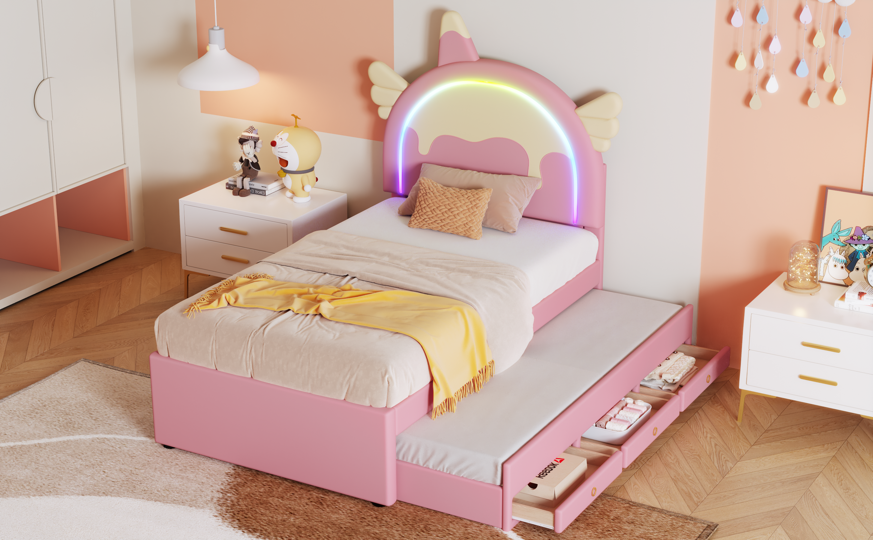 Logidon Eenhoorn Kinderbed 90x200 cm Roze Uitschuifbaar opklapbed