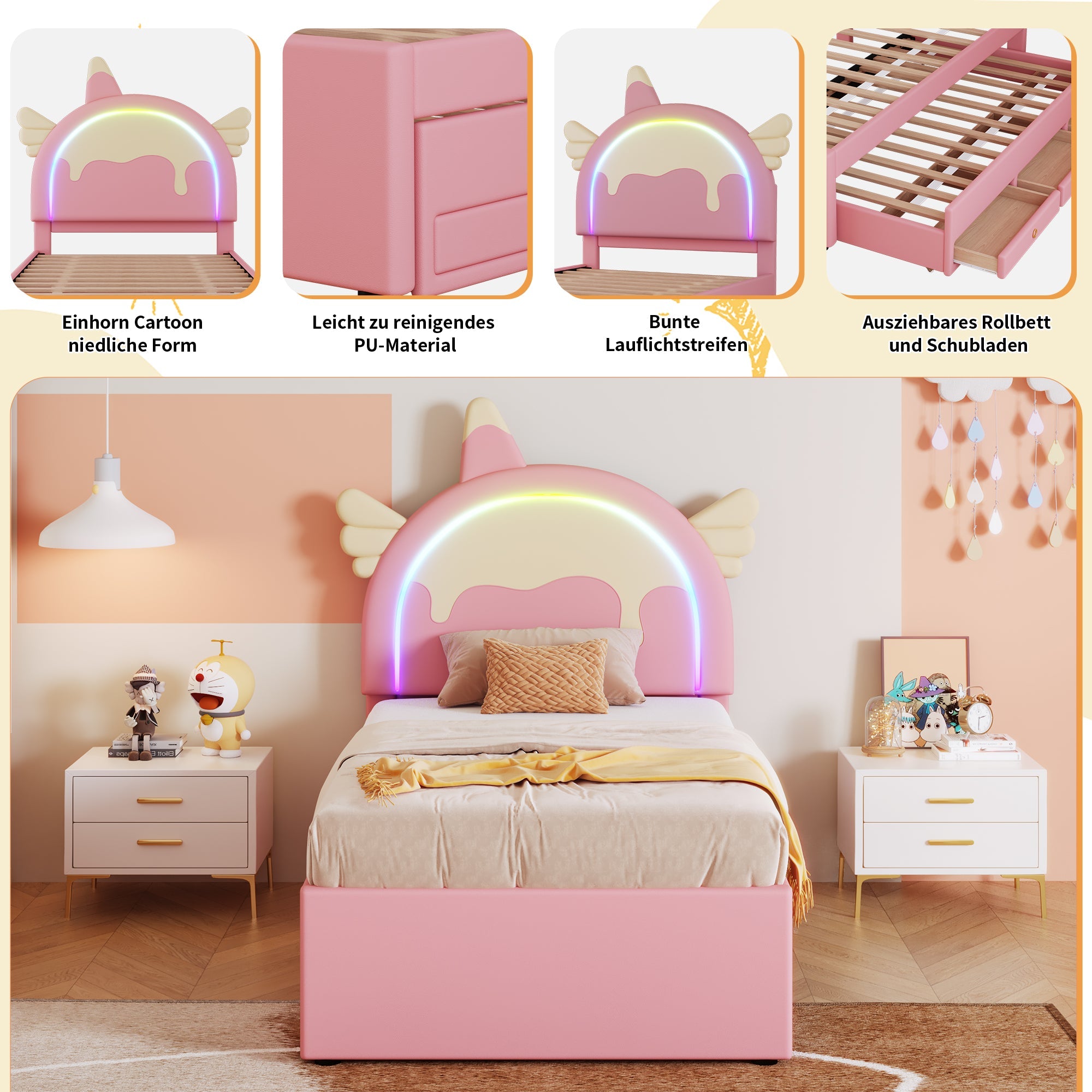 Logidon Eenhoorn Kinderbed 90x200 cm Roze Uitschuifbaar opklapbed