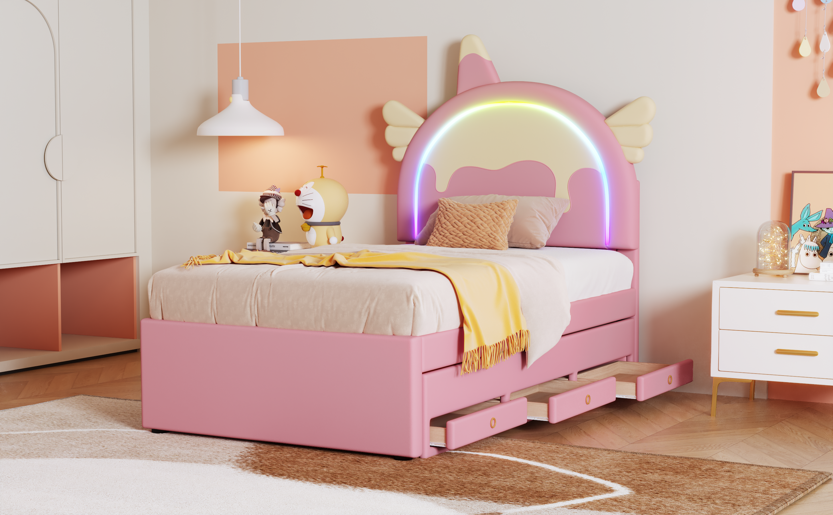 Logidon Eenhoorn Kinderbed 90x200 cm Roze Uitschuifbaar opklapbed