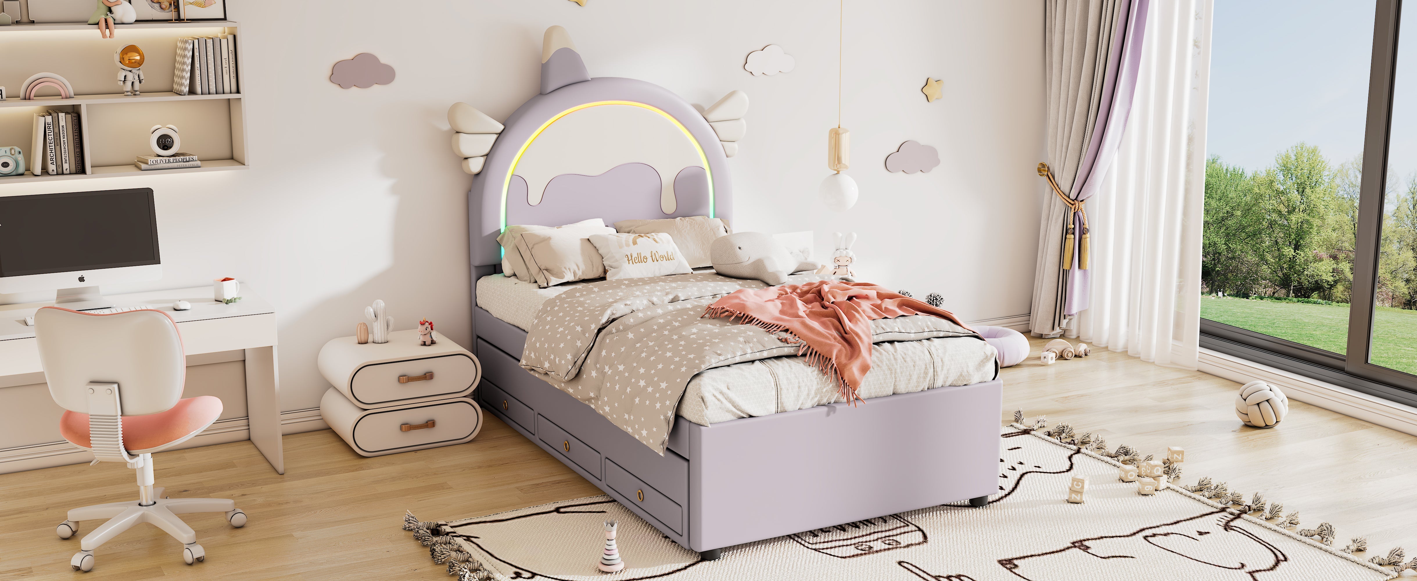 Logidon unicorn children's bed 90x200 cm, pull-out trundle bed, purple