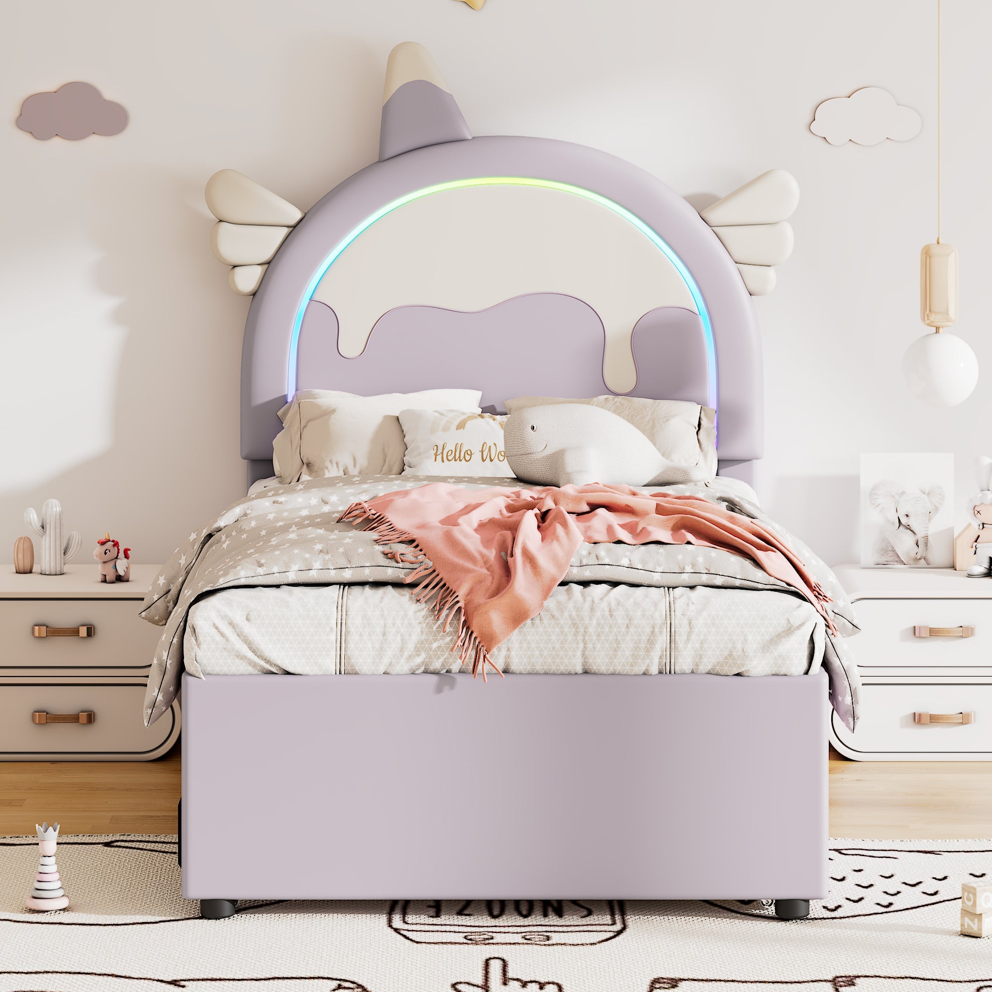Logidon unicorn children's bed 90x200 cm, pull-out trundle bed, purple