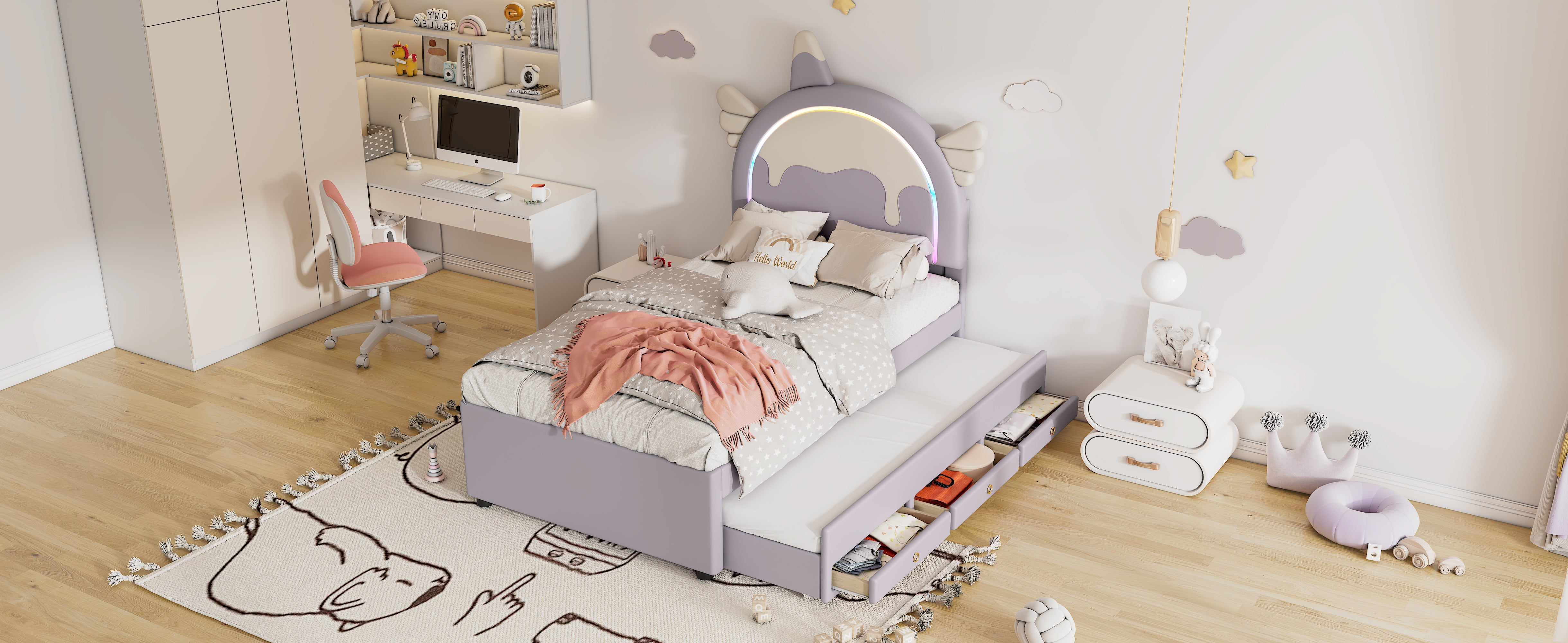 Logidon unicorn children's bed 90x200 cm, pull-out trundle bed, purple