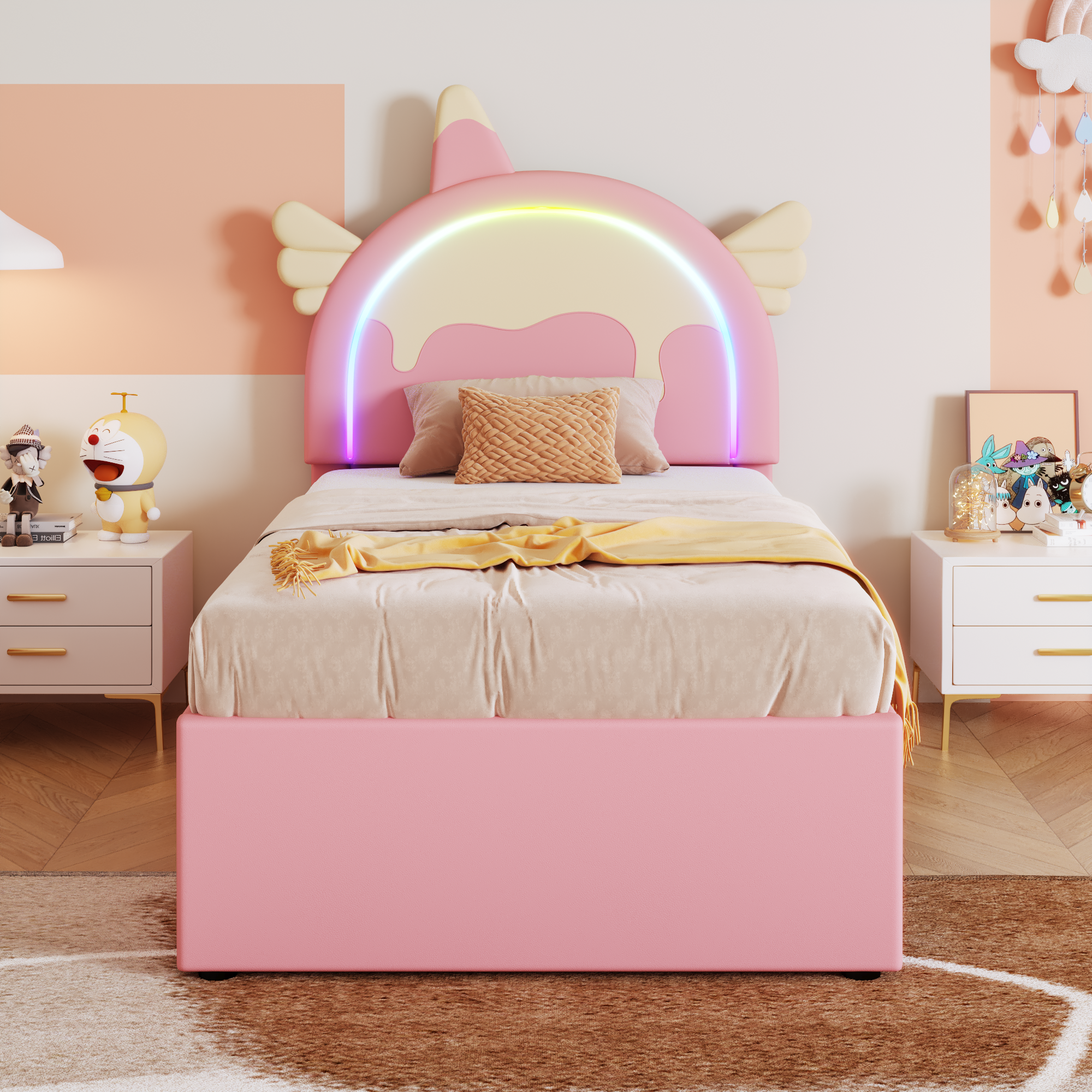 Logidon Eenhoorn Kinderbed 90x200 cm Roze Uitschuifbaar opklapbed