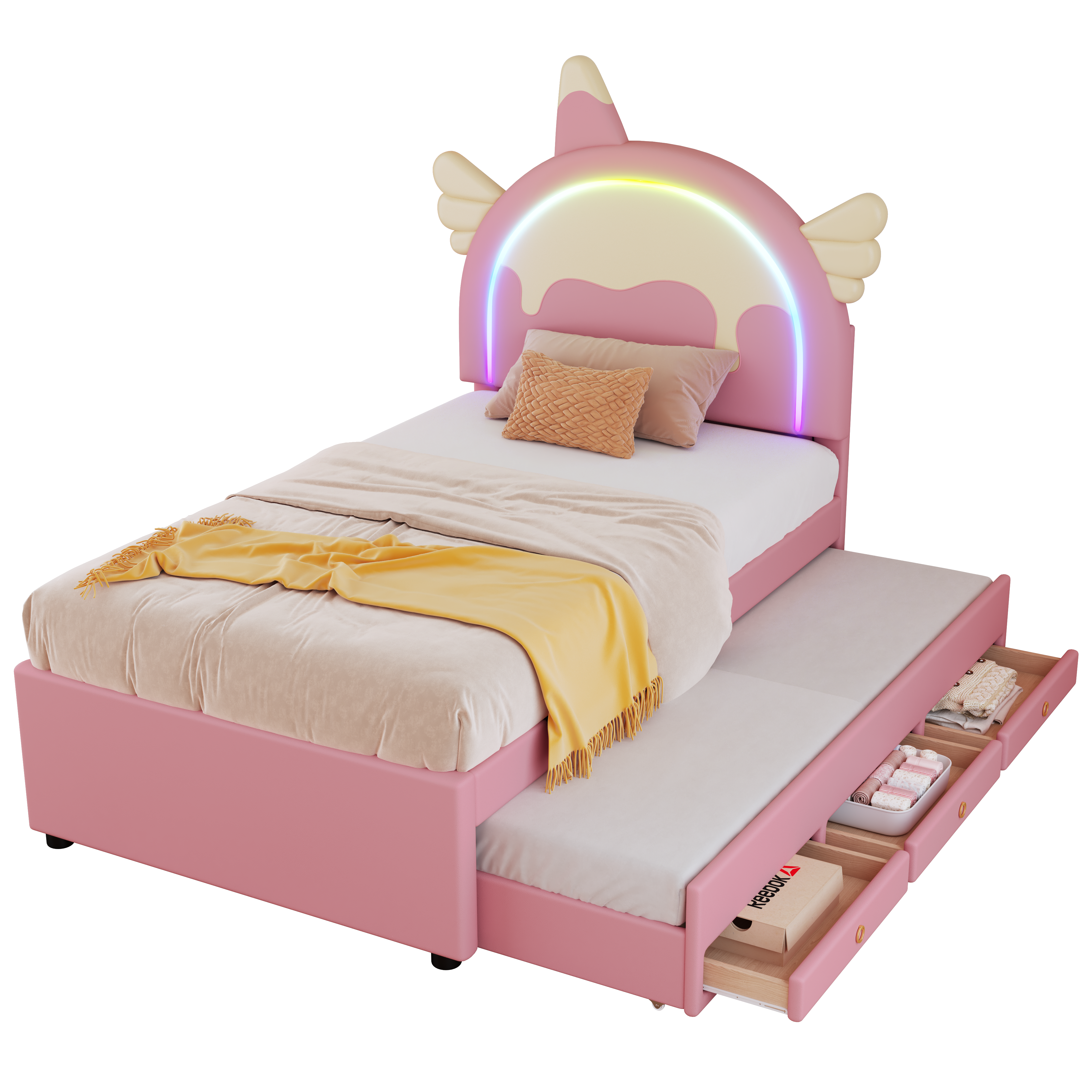 Logidon Eenhoorn Kinderbed 90x200 cm Roze Uitschuifbaar opklapbed
