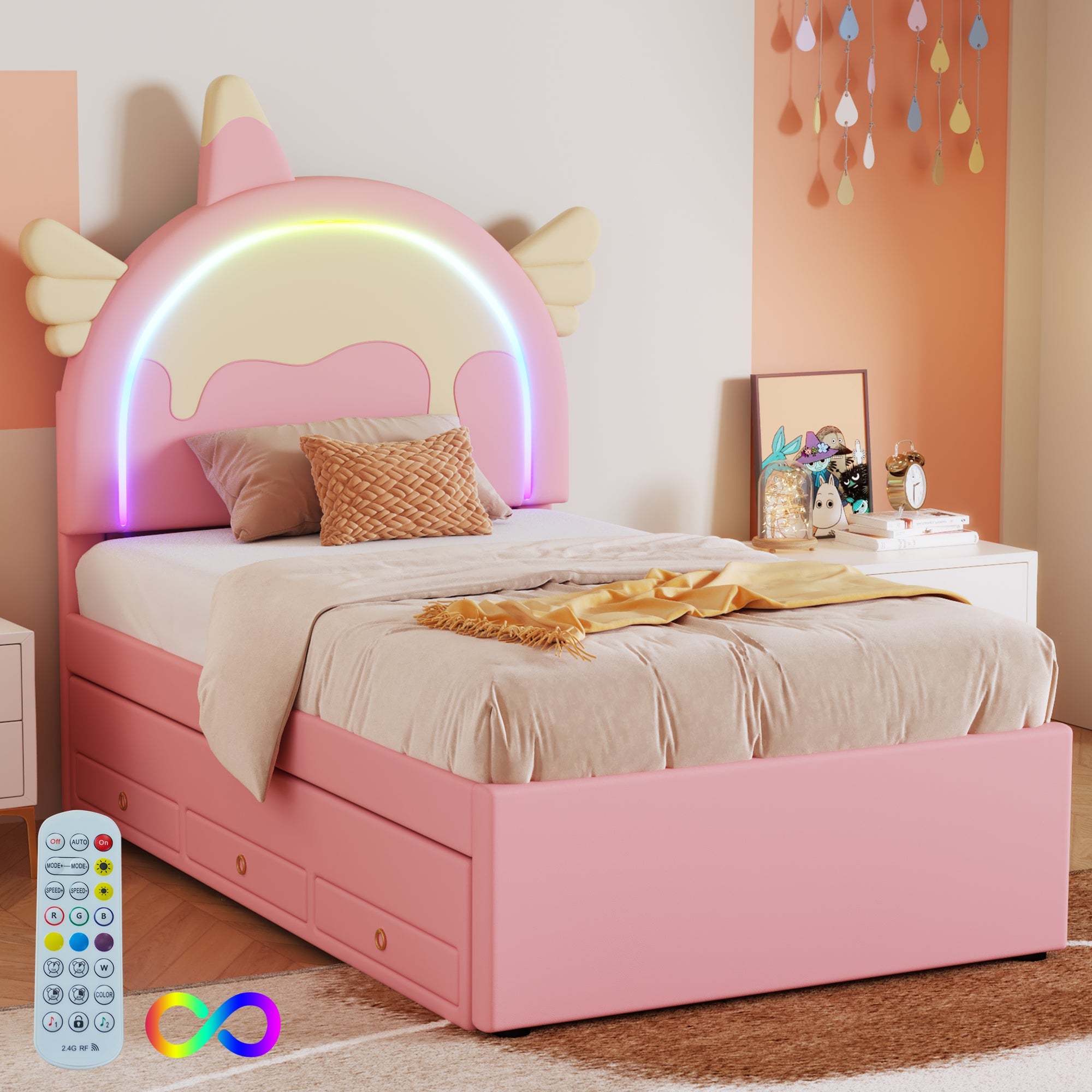Logidon Eenhoorn Kinderbed 90x200 cm Roze Uitschuifbaar opklapbed