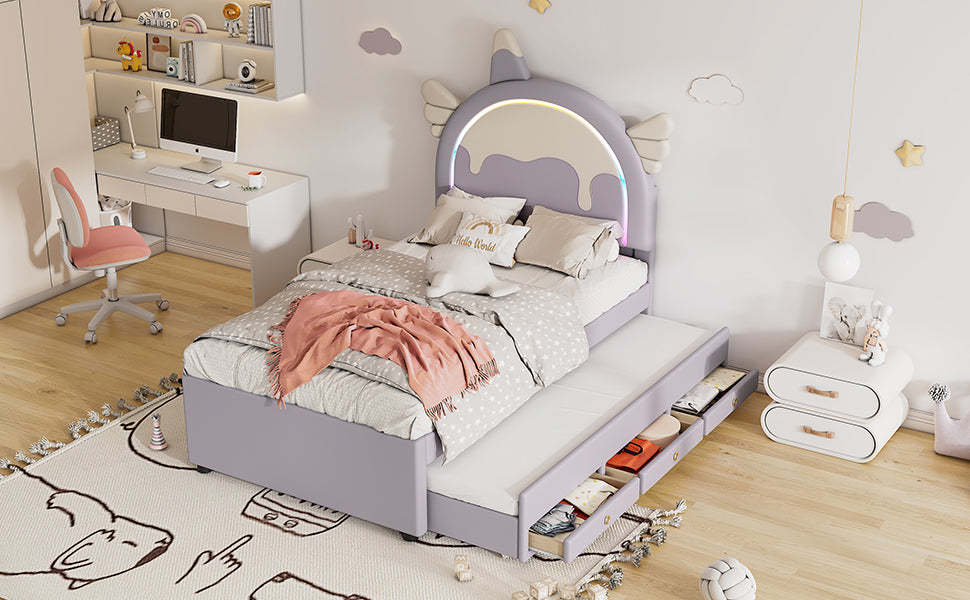 Logidon unicorn children's bed 90x200 cm, pull-out trundle bed, purple