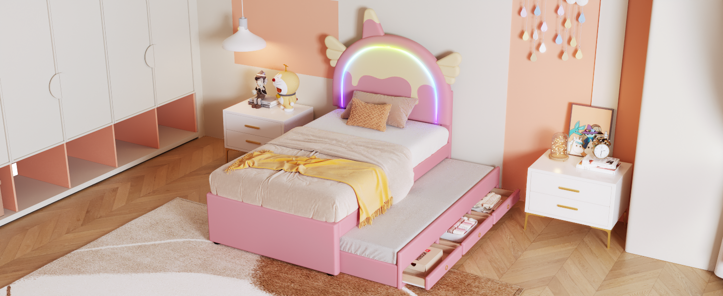 Logidon Eenhoorn Kinderbed 90x200 cm Roze Uitschuifbaar opklapbed
