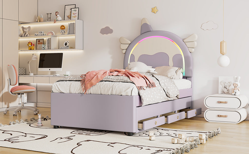 Logidon unicorn children's bed 90x200 cm, pull-out trundle bed, purple