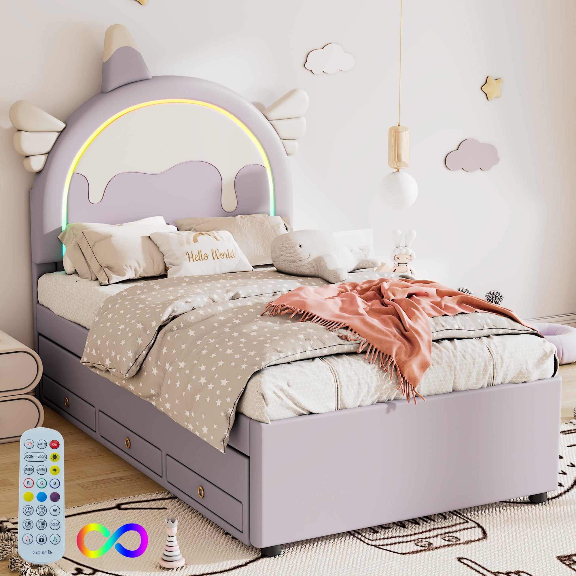 Logidon unicorn children's bed 90x200 cm, pull-out trundle bed, purple