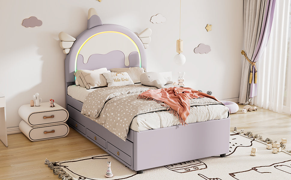 Logidon unicorn children's bed 90x200 cm, pull-out trundle bed, purple