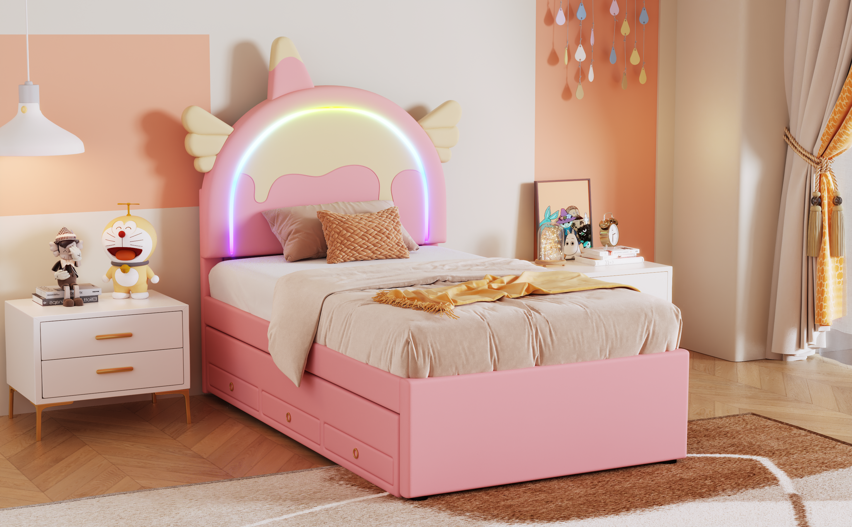 Logidon Eenhoorn Kinderbed 90x200 cm Roze Uitschuifbaar opklapbed