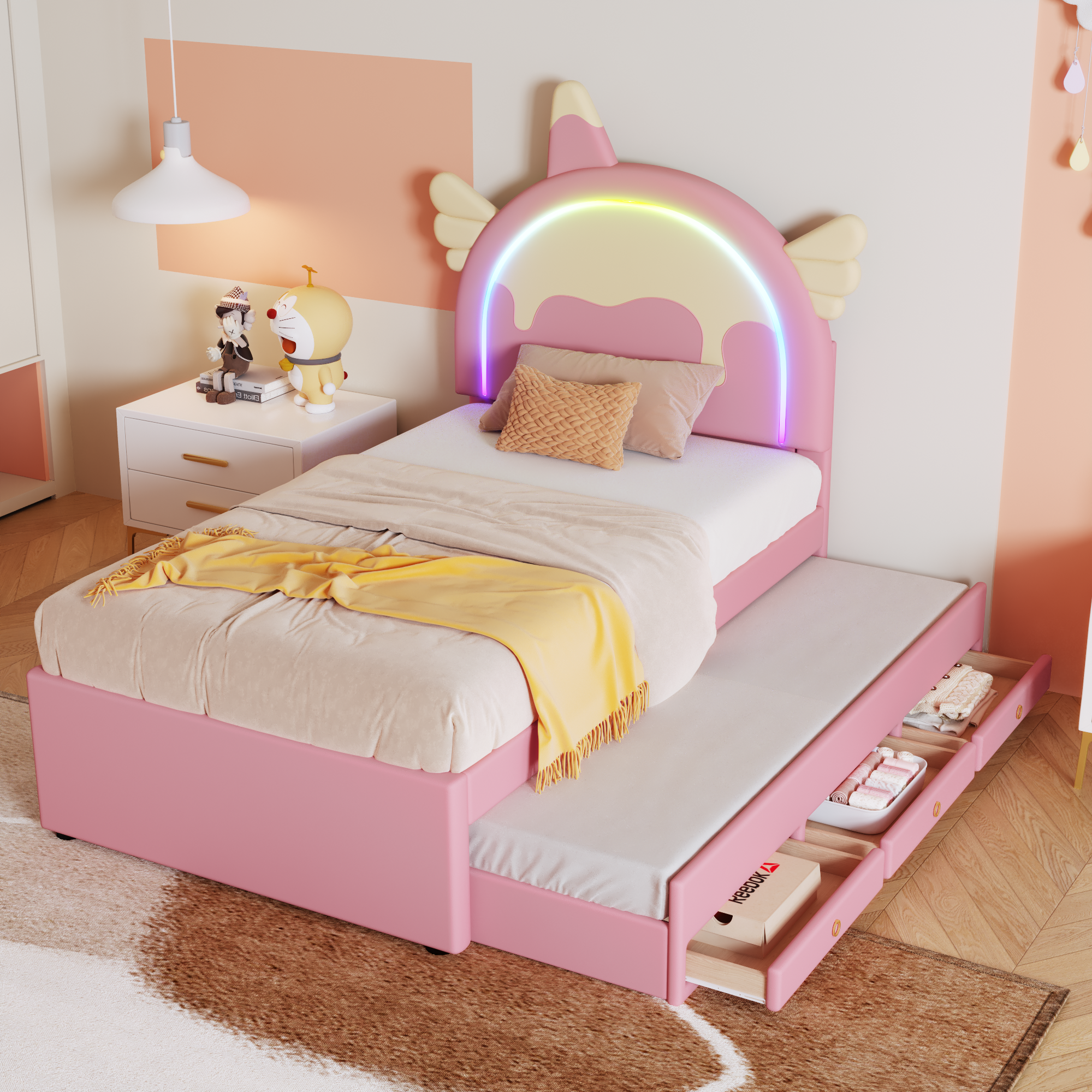 Logidon Eenhoorn Kinderbed 90x200 cm Roze Uitschuifbaar opklapbed