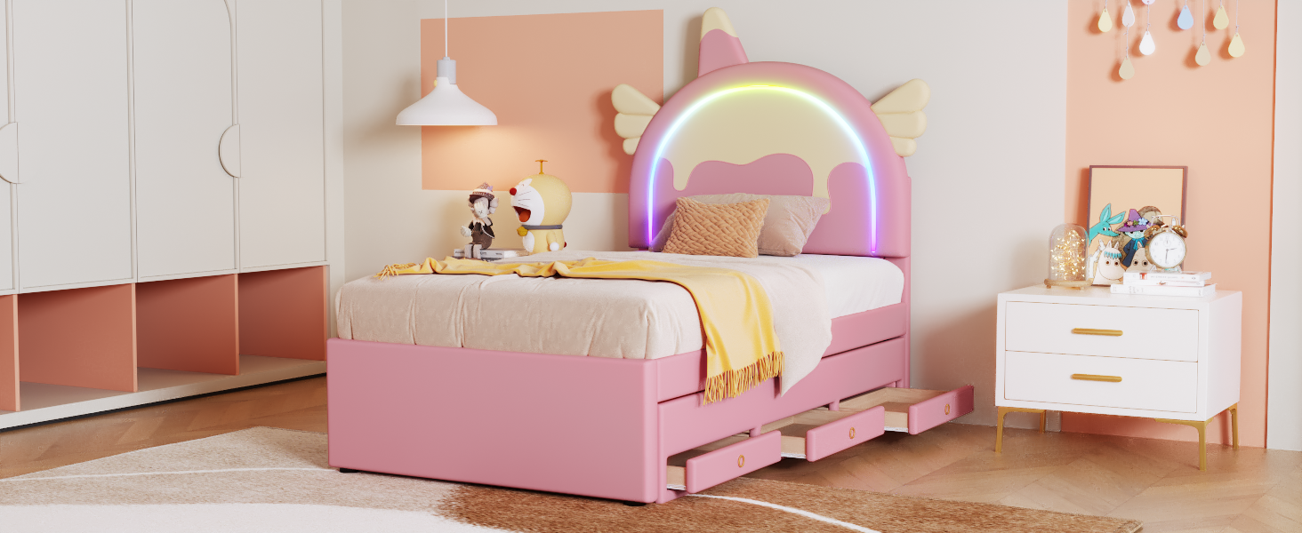 Logidon Eenhoorn Kinderbed 90x200 cm Roze Uitschuifbaar opklapbed