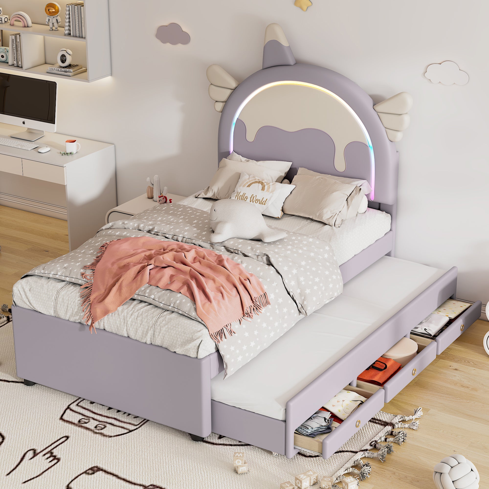 Logidon unicorn children's bed 90x200 cm, pull-out trundle bed, purple