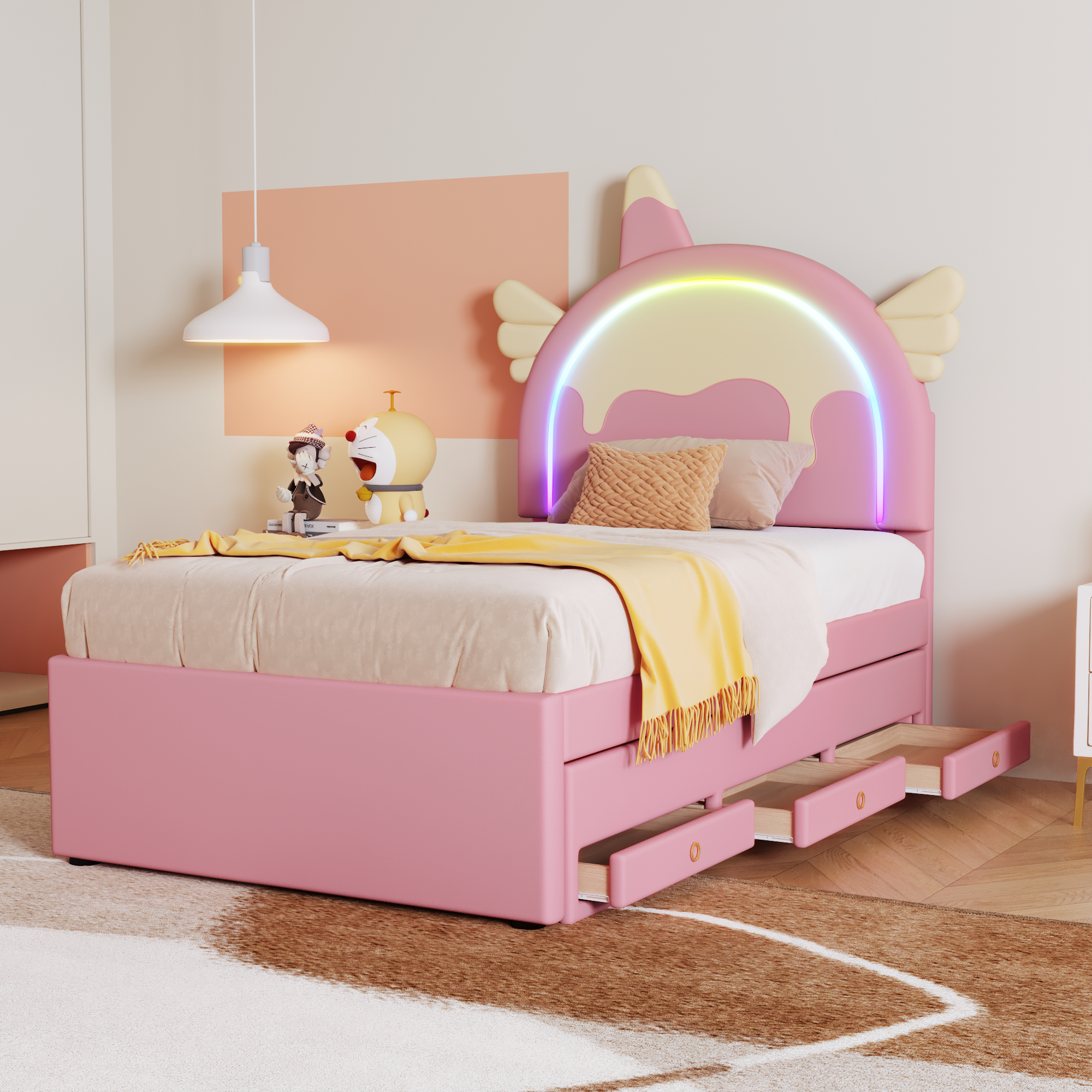 Logidon Eenhoorn Kinderbed 90x200 cm Roze Uitschuifbaar opklapbed
